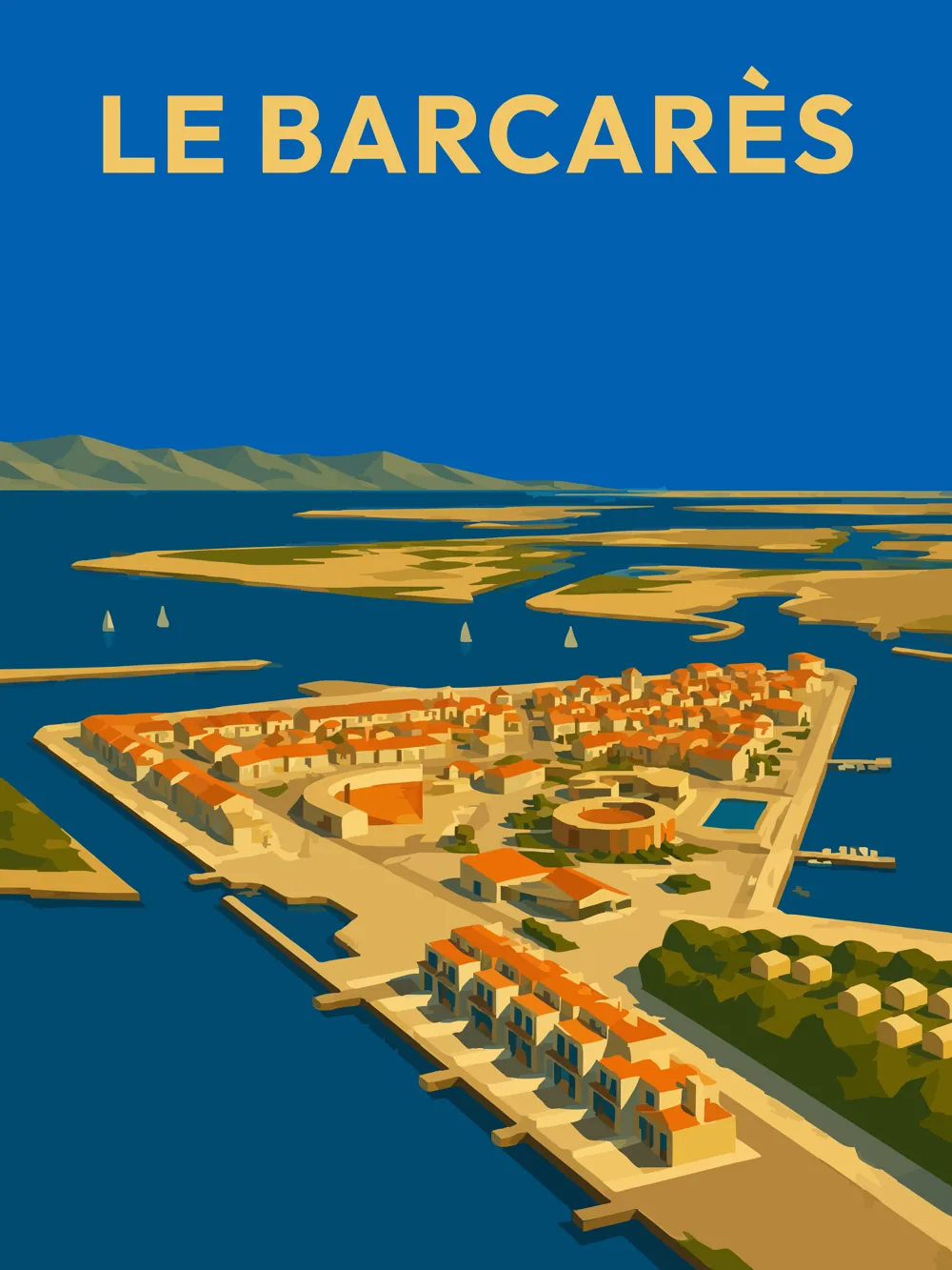 Illustration du Barcarès dans les Pyrénées-Orientales réalisée dans un style d'affiche touristique vintage. L'image représente le port, les quais, les bassins de plaisance, le village et les étangs du littoral catalan, entre la Méditerranée et les paysages naturels du Roussillon.