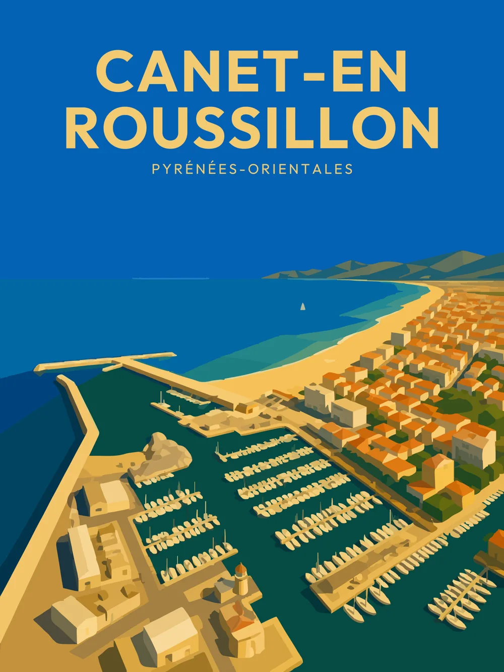 Illustration de Canet-en-Roussillon dans les Pyrénées-Orientales réalisée dans un style d'affiche touristique vintage. L'image représente le port de plaisance, les quais, les bateaux, la longue plage de sable fin et le front de mer, avec les reliefs de la Côte Vermeille en arrière-plan.