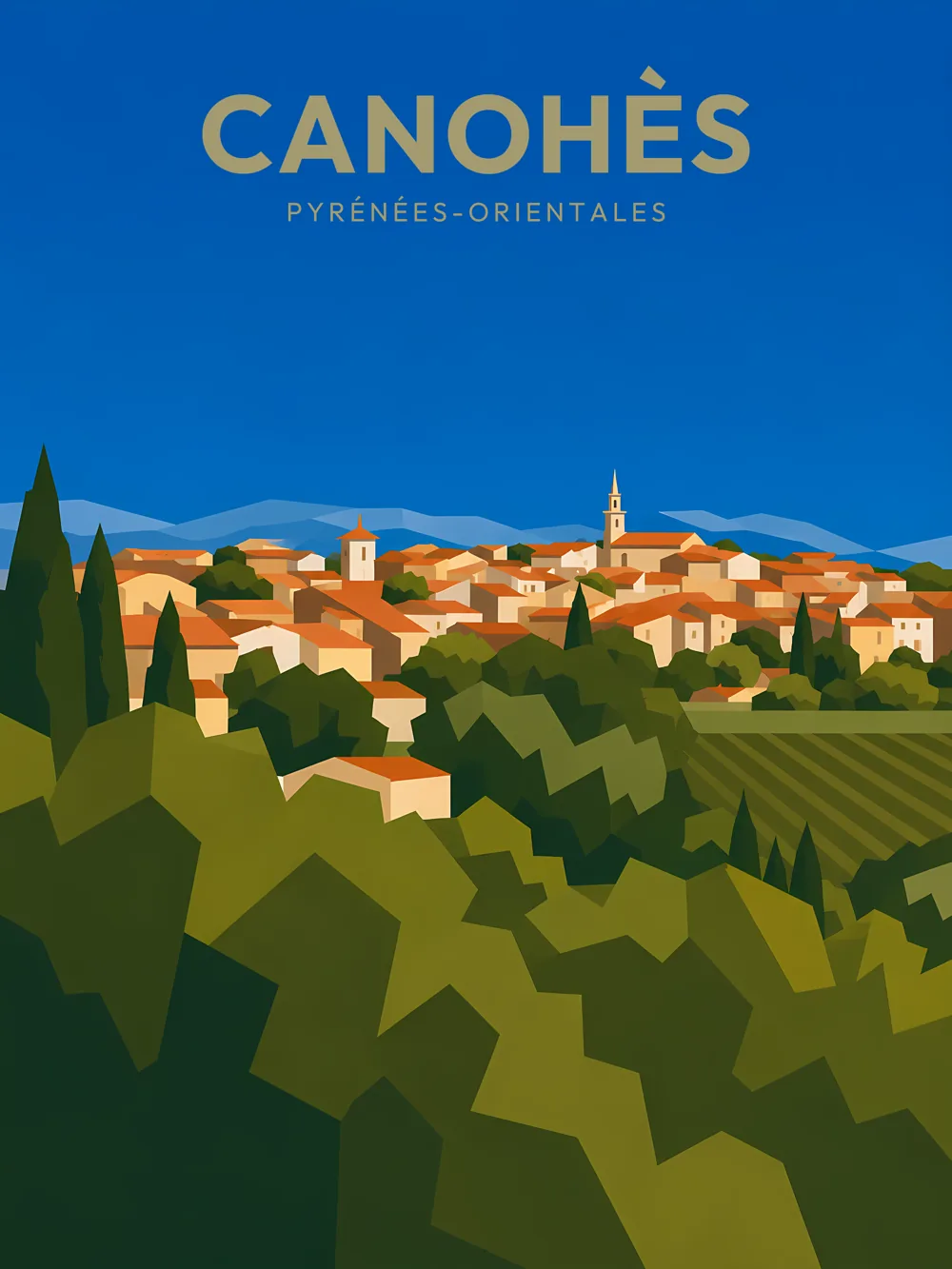 Illustration de Canohès, dans le département des Pyrénées-Orientales, réalisée dans un style d'affiche touristique vintage. La composition montre le village perché sur une colline, avec ses maisons aux teintes chaudes et un clocher visible au centre. En arrière-plan, les montagnes se dessinent sous un ciel bleu éclatant, et au premier plan, une végétation luxuriante de cyprès et de vignes crée un contraste harmonieux. Canohès est remarquable pour son cadre naturel et son patrimoine rural. Le village est un véritable reflet de la beauté des paysages méditerranéens.