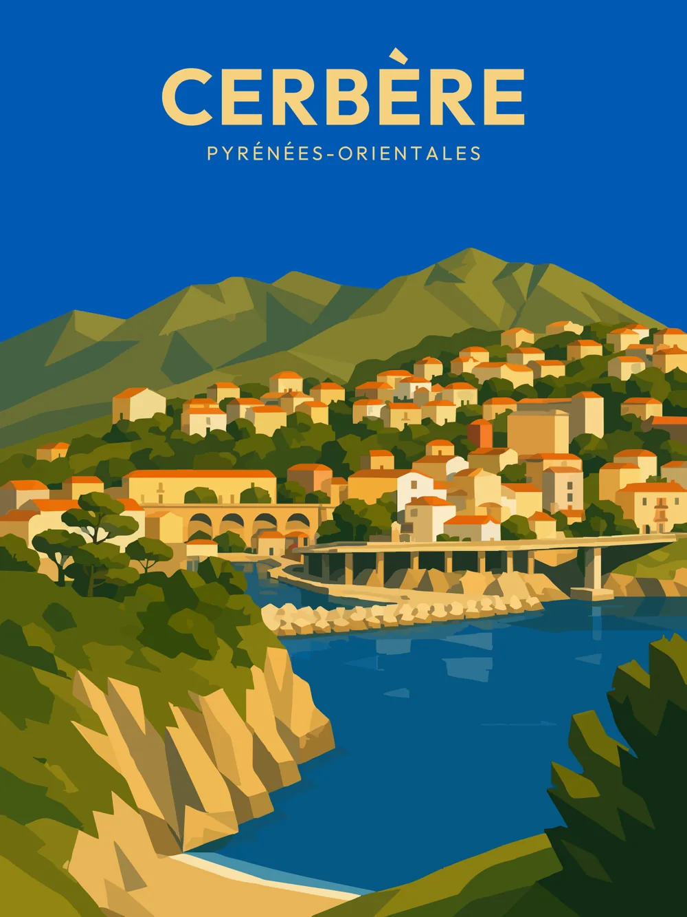 Illustration de Cerbère dans les Pyrénées-Orientales réalisée dans un style d'affiche touristique vintage. L'image représente la baie, les falaises de la Côte Vermeille, le viaduc dominant le port et les maisons du village, dans un paysage emblématique situé à l'extrémité sud du littoral français, aux portes de l'Espagne.