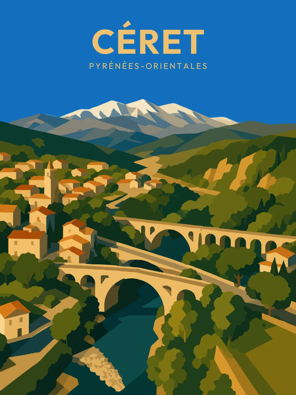 Illustration de Céret, dans le département des Pyrénées-Orientales, réalisée dans un style d'affiche touristique vintage. La composition présente un panorama de Céret, avec des maisons blanches aux toits terracotta, des ponts traversant une rivière, et des montagnes enneigées en arrière-plan. Les aplats de couleurs dominants sont des verts profonds et des bleus vifs, créant un contraste harmonieux. Ce tableau met en valeur le cadre naturel exceptionnel de la commune, qui est connue pour son histoire artistique et ses paysages enchanteurs. Céret est un lieu où la beauté du patrimoine se marie avec la nature environnante.