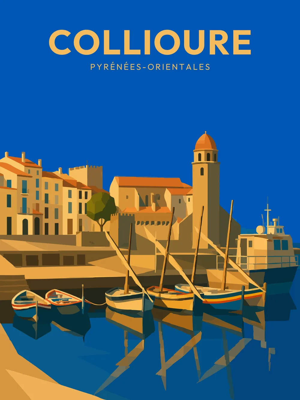 Illustration de Collioure dans les Pyrénées-Orientales réalisée dans un style d'affiche touristique vintage. L'image représente le célèbre clocher de Notre-Dame-des-Anges, les barques catalanes amarrées dans le port, les remparts et les façades colorées du village, l'un des paysages les plus emblématiques de la Côte Vermeille.
