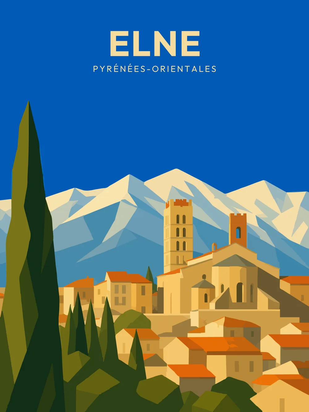 Illustration de Elne dans les Pyrénées-Orientales réalisée dans un style d'affiche touristique vintage. L'image représente la cathédrale Sainte-Eulalie-et-Sainte-Julie, son clocher roman, les toits du village et le massif du Canigou enneigé à l'horizon, l'un des paysages les plus emblématiques du Roussillon.