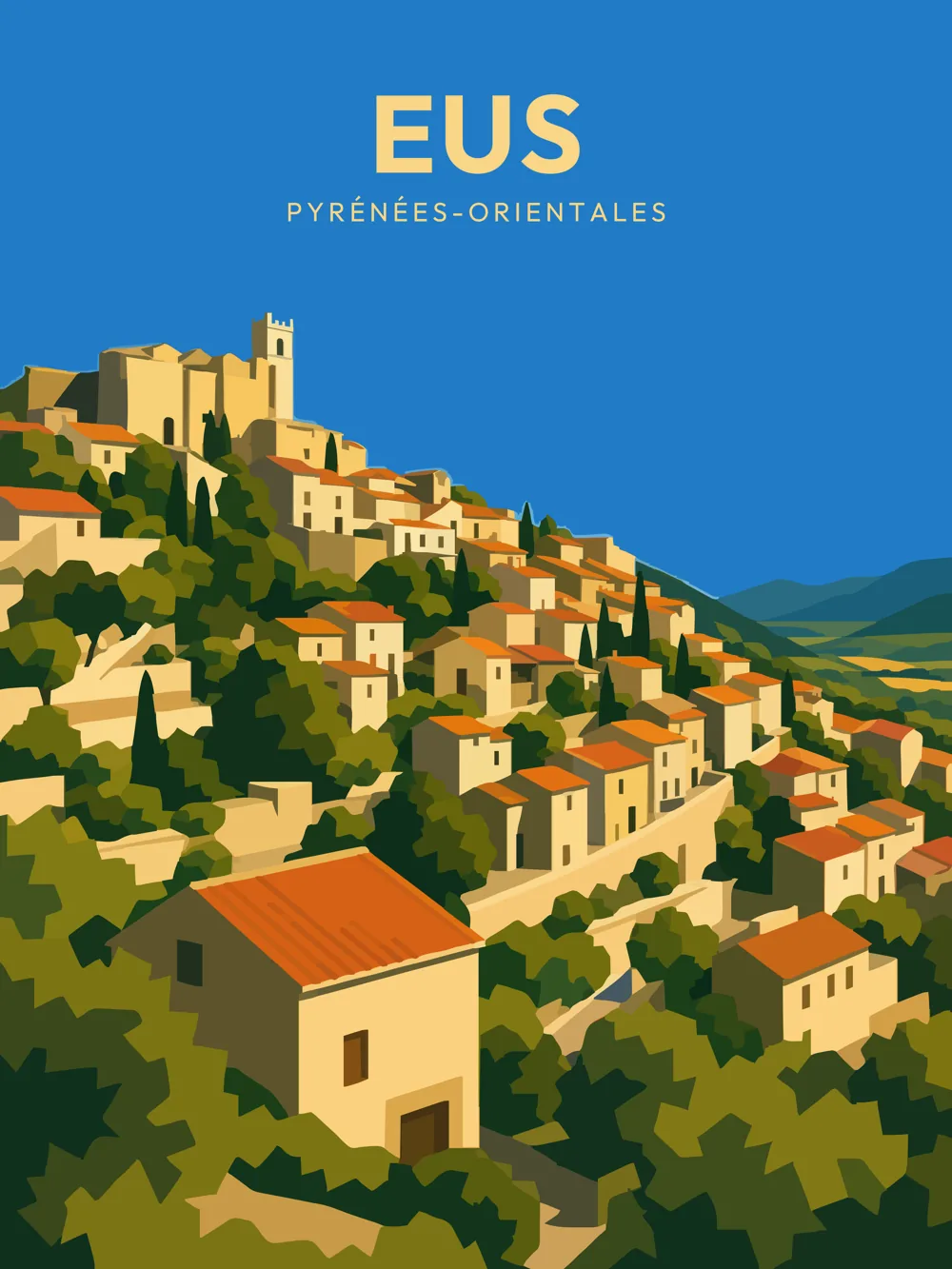 Illustration de Eus, dans le département de Pyrénées-Orientales, réalisée dans un style d'affiche touristique vintage. La composition montre le village perché avec ses maisons aux toits de tuiles terracotta, dominant une colline verdoyante. On aperçoit également une tour et un clocher, typiques de l'architecture médiévale, tandis que le paysage environnant présente des collines douces et des champs. Les couleurs chaudes et lumineuses renforcent le style rétro de l'affiche. Eus est remarquable pour son patrimoine historique et ses panoramas spectaculaires. Le village séduit par sa beauté et son atmosphère authentique.