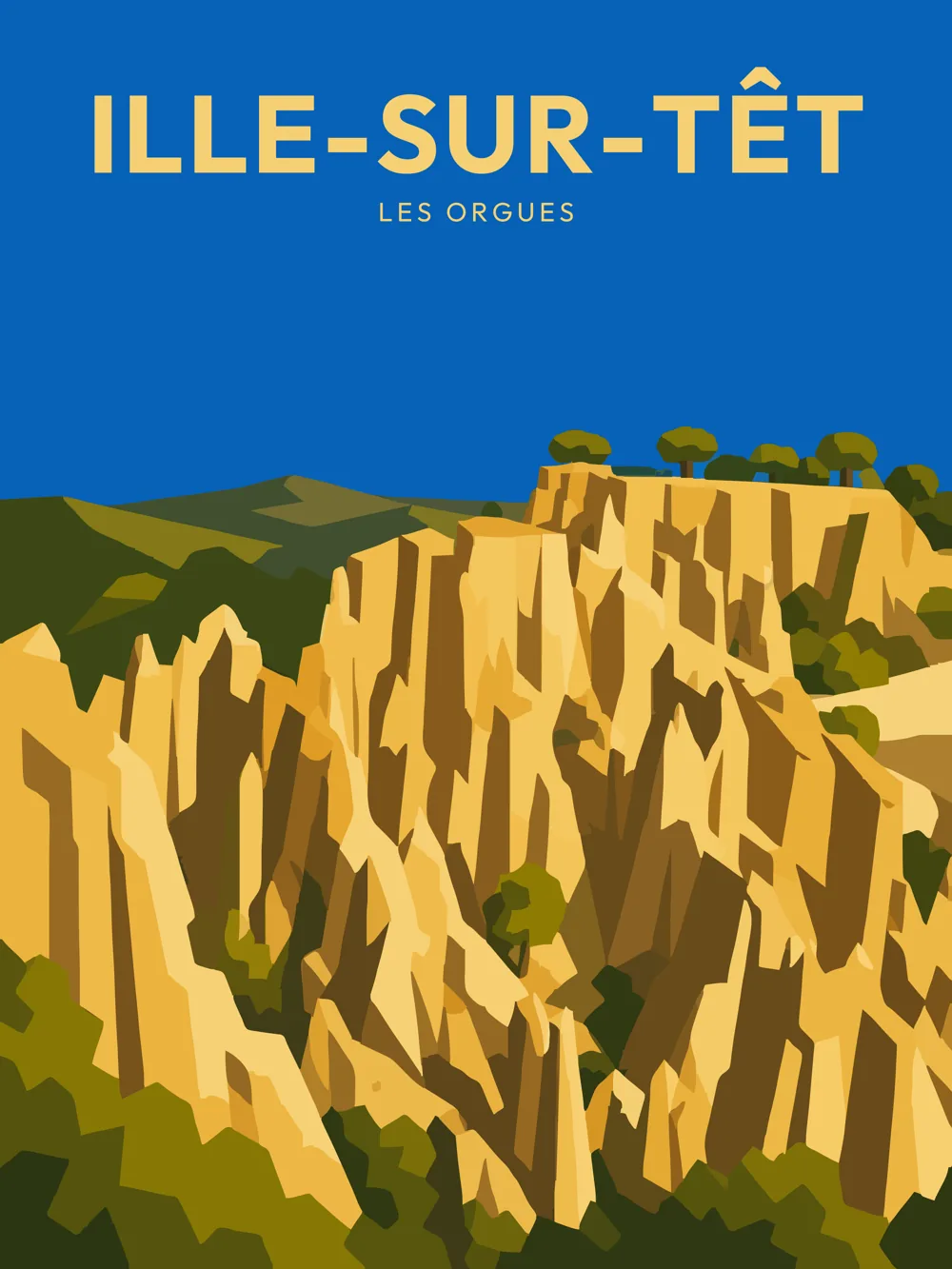 Illustration d'Ille-sur-Têt, dans le département des Pyrénées-Orientales, réalisée dans un style d'affiche touristique vintage. Cette composition met en avant les Orgues, des formations géologiques aux formes géométriques, avec des couleurs chaudes et des aplats stylisés. Le paysage est dominé par des falaises dorées, entourées de verdure, sous un ciel bleu lumineux. Ille-sur-Têt est réputée pour ses paysages uniques et son patrimoine naturel impressionnant, offrant une expérience visuelle inoubliable aux visiteurs.