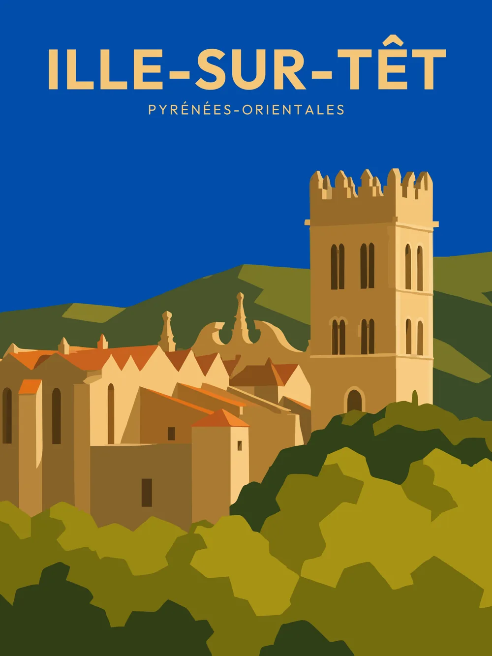 Illustration d'Ille-sur-Têt, dans le département des Pyrénées-Orientales, réalisée dans un style d'affiche touristique vintage. On y voit une église avec un clocher surplombant une végétation luxuriante, le tout sur fond de collines verdoyantes sous un ciel bleu. Le style graphique épuré utilise des aplats de couleurs chaudes et des formes géométriques simplifiées. Ille-sur-Têt est remarquable pour son riche patrimoine médiéval et ses paysages naturels. La commune valorise ainsi son histoire et son architecture.