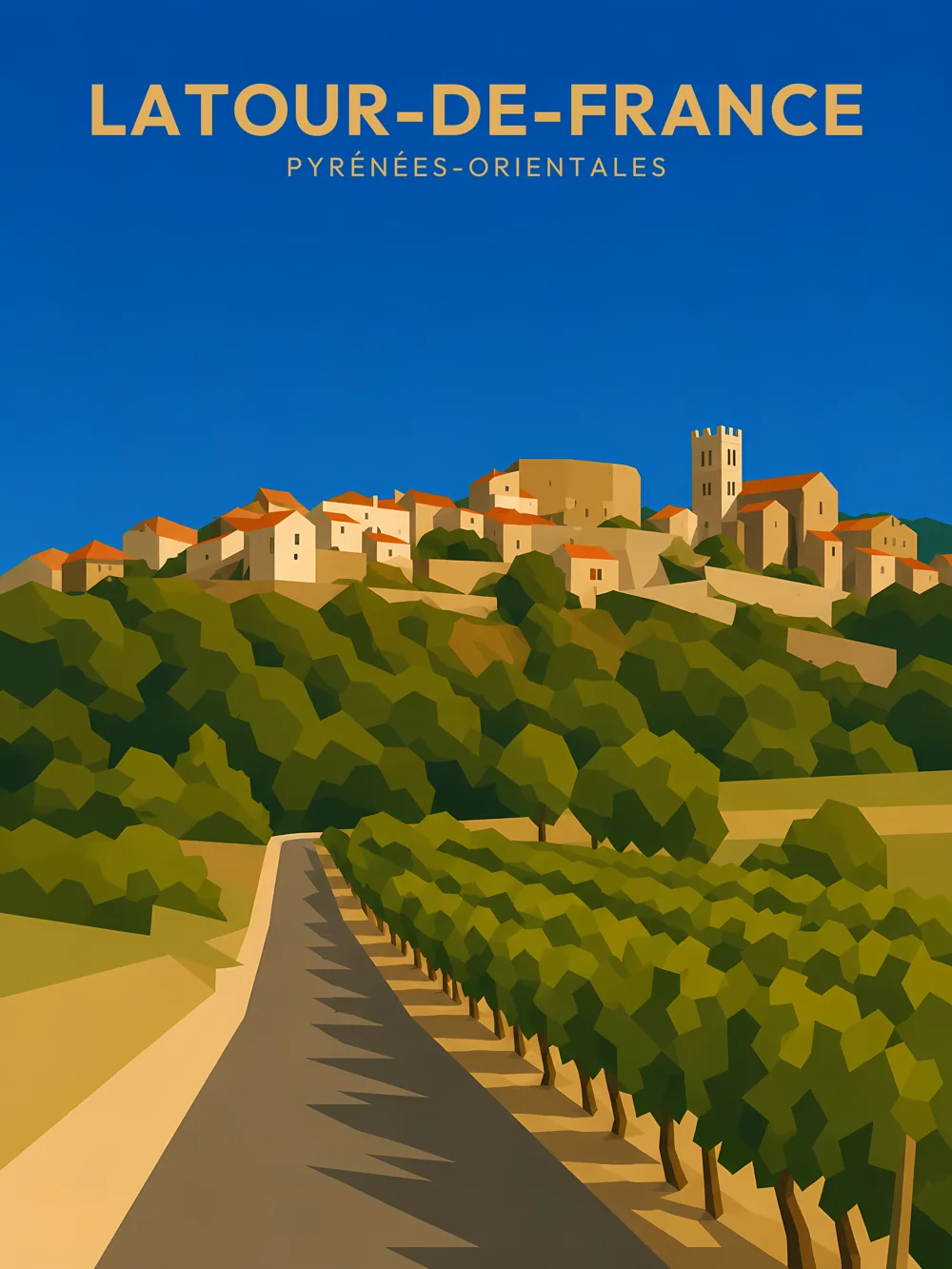 Illustration de Latour-de-France, dans le département des Pyrénées-Orientales, réalisée dans un style d'affiche touristique vintage. La composition montre le village perché sur une colline, avec des maisons aux toits terracotta, un château médiéval et des vignes s'étendant le long de la route. Le ciel est d'un bleu éclatant, contrastant avec les couleurs chaudes des bâtiments et le vert des vignes. Latour-de-France est réputée pour ses paysages viticoles et son patrimoine historique, ce qui en fait une destination attrayante pour les amoureux de la nature et de l'histoire.
