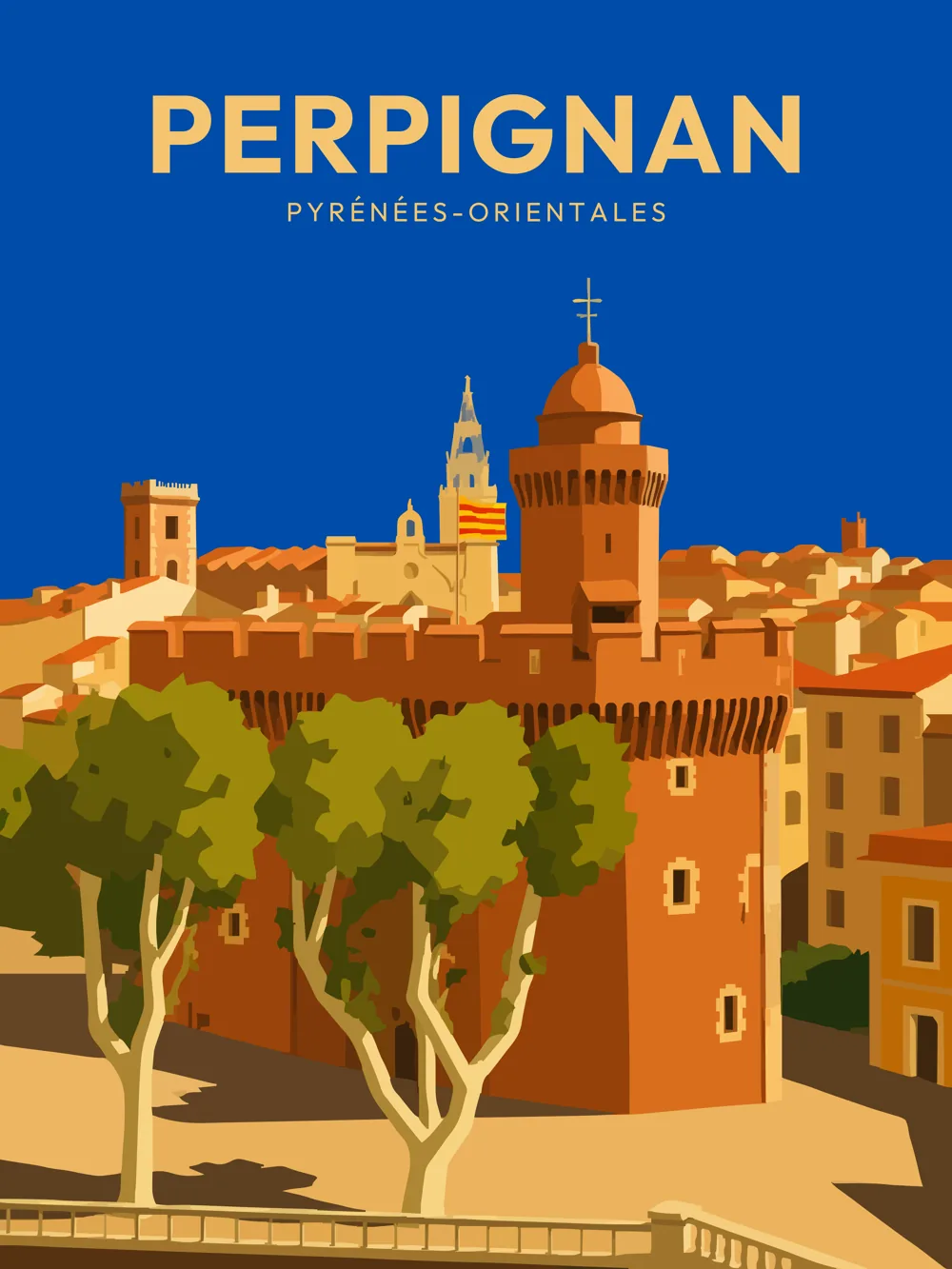 Illustration de Perpignan, dans le département des Pyrénées-Orientales, réalisée dans un style d'affiche touristique vintage. On y voit le Palais des Rois de Majorque, avec sa tour caractéristique, entouré de bâtiments aux teintes chaudes et d'arbres verdoyants. Le ciel bleu profond crée un contraste saisissant avec les couleurs des murs, tandis que le style graphique, avec ses formes géométriques simplifiées et ses aplats de couleurs, rappelle les affiches des années 1950. Perpignan est une ville riche en histoire et en patrimoine, et son Palais est un témoin de son passé glorieux.