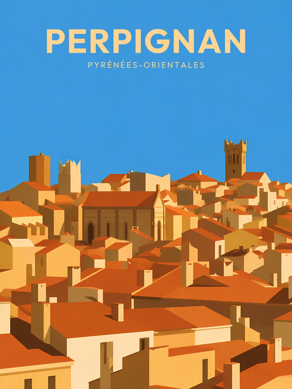 Illustration de Perpignan, dans le département des Pyrénées-Orientales, réalisée dans un style d'affiche touristique vintage. La composition présente une vue panoramique des toits de la ville, aux teintes chaudes allant du beige au terracotta, avec des bâtiments aux formes géométriques simplifiées. On aperçoit quelques monuments emblématiques, tels que des tours et des clochers, qui se détachent sous un ciel bleu vif. Perpignan est remarquable pour son riche patrimoine architectural et son ambiance méditerranéenne. Le patrimoine local est une véritable invitation à la découverte et à l'émerveillement.