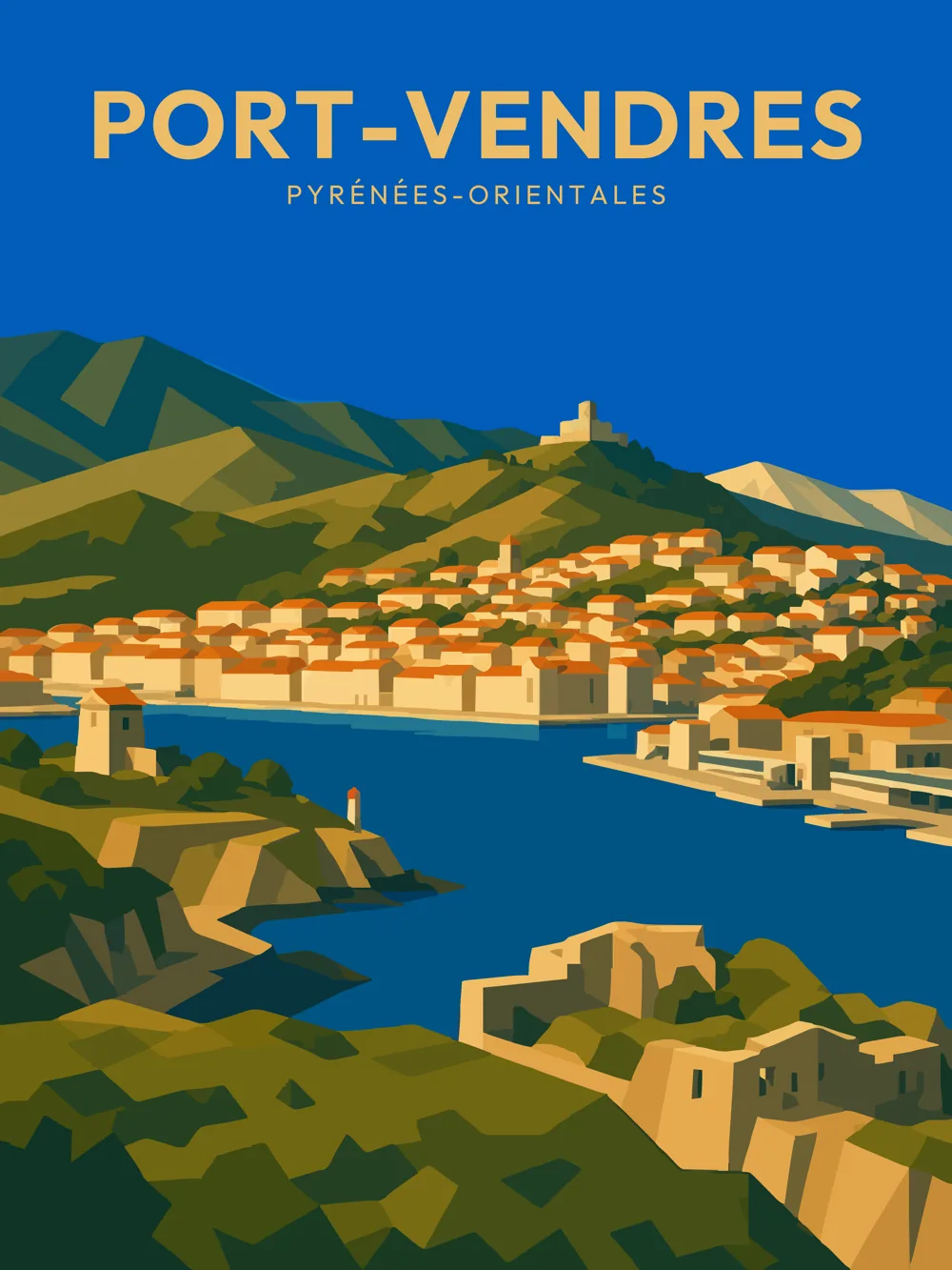 Illustration de Port-Vendres dans les Pyrénées-Orientales réalisée dans un style d'affiche touristique vintage. L'image représente la baie naturelle, la Redoute Béar au premier plan, le Fort Saint-Elme dominant les hauteurs et les maisons du port, au cœur des paysages emblématiques de la Côte Vermeille.