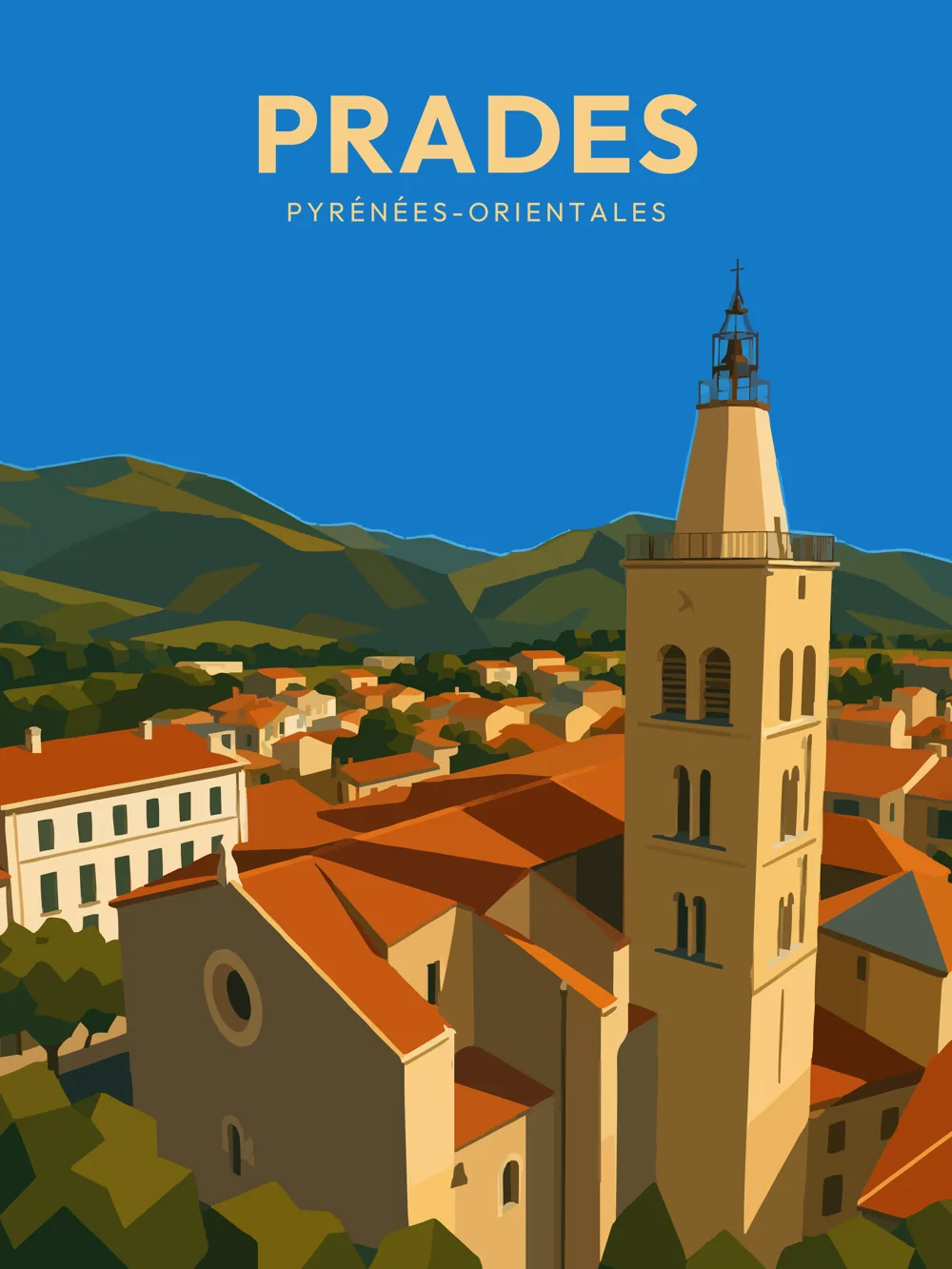 Illustration de Prades, dans le département des Pyrénées-Orientales, réalisée dans un style d'affiche touristique vintage. L'image présente un point de vue aérien sur la commune, mettant en avant un clocher élancé surplombant des toits de tuiles rouges et des bâtiments aux façades claires. En arrière-plan, les montagnes verdoyantes ajoutent une touche de relief à la composition. La palette de couleurs chaudes et la lumière vive évoquent une atmosphère ensoleillée. Prades se distingue par son patrimoine architectural et son cadre naturel enchanteur, valorisant ainsi l'attrait de cette commune.
