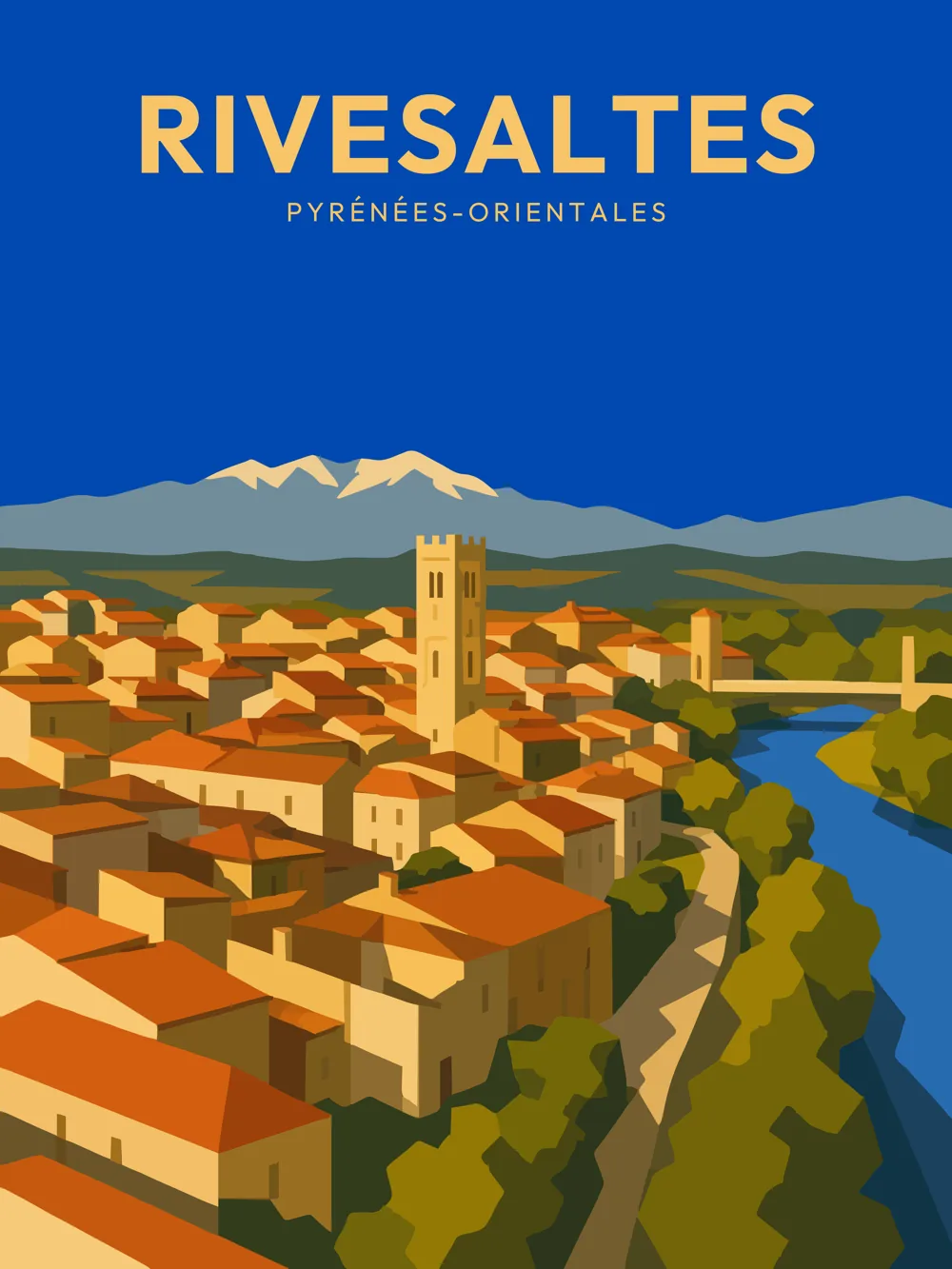 Illustration de Rivesaltes, dans le département des Pyrénées-Orientales, réalisée dans un style d'affiche touristique vintage. La composition montre une vue aérienne du bourg, caractérisé par ses maisons aux toits en tuiles rouges, un clocher central, et un fleuve serpentant à travers le paysage. En arrière-plan, les montagnes des Pyrénées se dessinent sous un ciel bleu. Les aplats de couleur et les formes géométriques simplifiées soulignent le style rétro de l'affiche. Rivesaltes est remarquable pour son patrimoine historique et ses paysages ensoleillés, témoignant d'une riche culture locale.