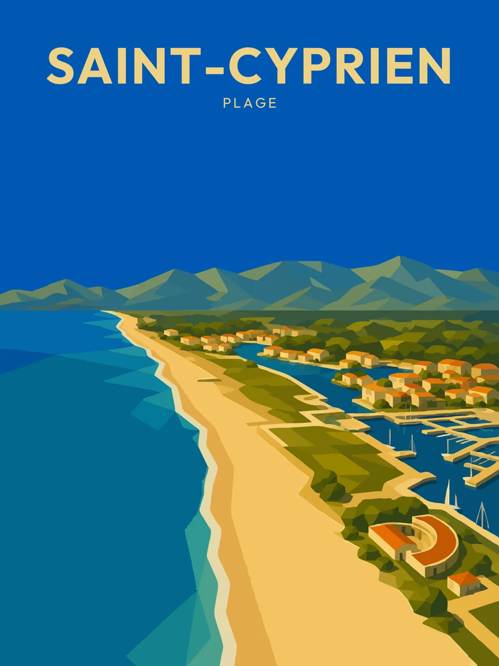 Illustration de Saint-Cyprien dans les Pyrénées-Orientales réalisée dans un style d'affiche touristique vintage. L'image représente la grande plage de sable, le port de plaisance, le front de mer et les montagnes des Albères qui dominent l'horizon, emblèmes du littoral catalan.