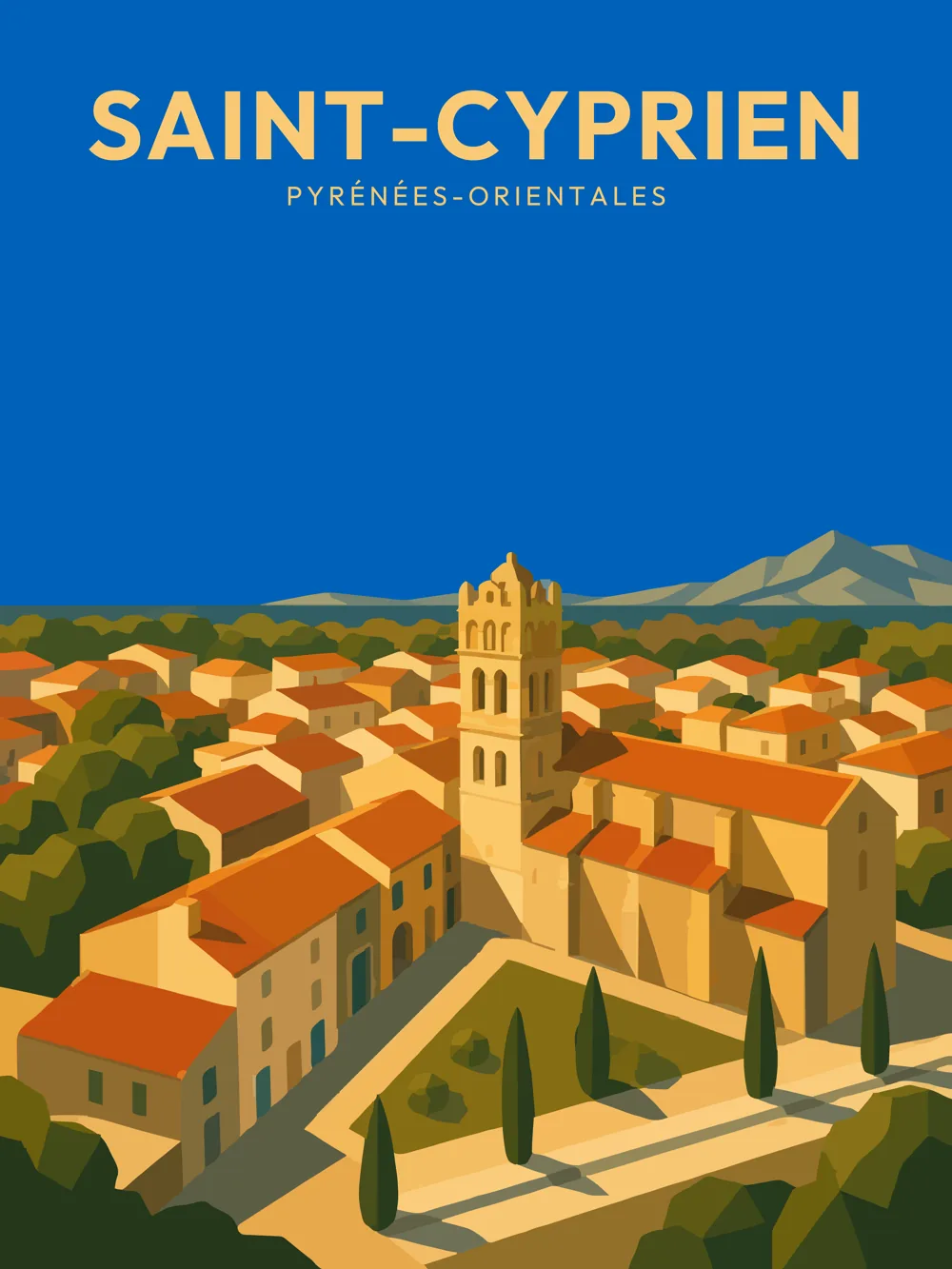 Illustration de Saint-Cyprien dans les Pyrénées-Orientales réalisée dans un style d'affiche touristique vintage. L'image représente le village ancien, l'église Saint-Cyprien avec son remarquable clocher roman et les montagnes des Albères en arrière-plan, emblèmes du patrimoine catalan.