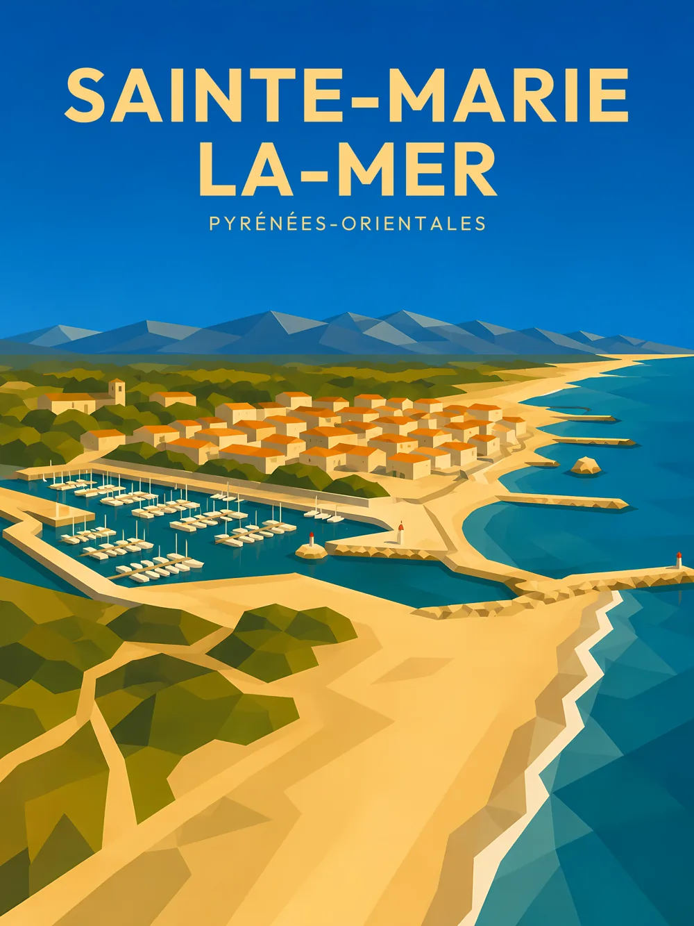 Illustration de Sainte-Marie-la-Mer dans les Pyrénées-Orientales réalisée dans un style d'affiche touristique vintage. L'image représente les longues plages de sable, le port de plaisance, le village et les montagnes des Albères en arrière-plan, offrant un panorama emblématique du littoral catalan.