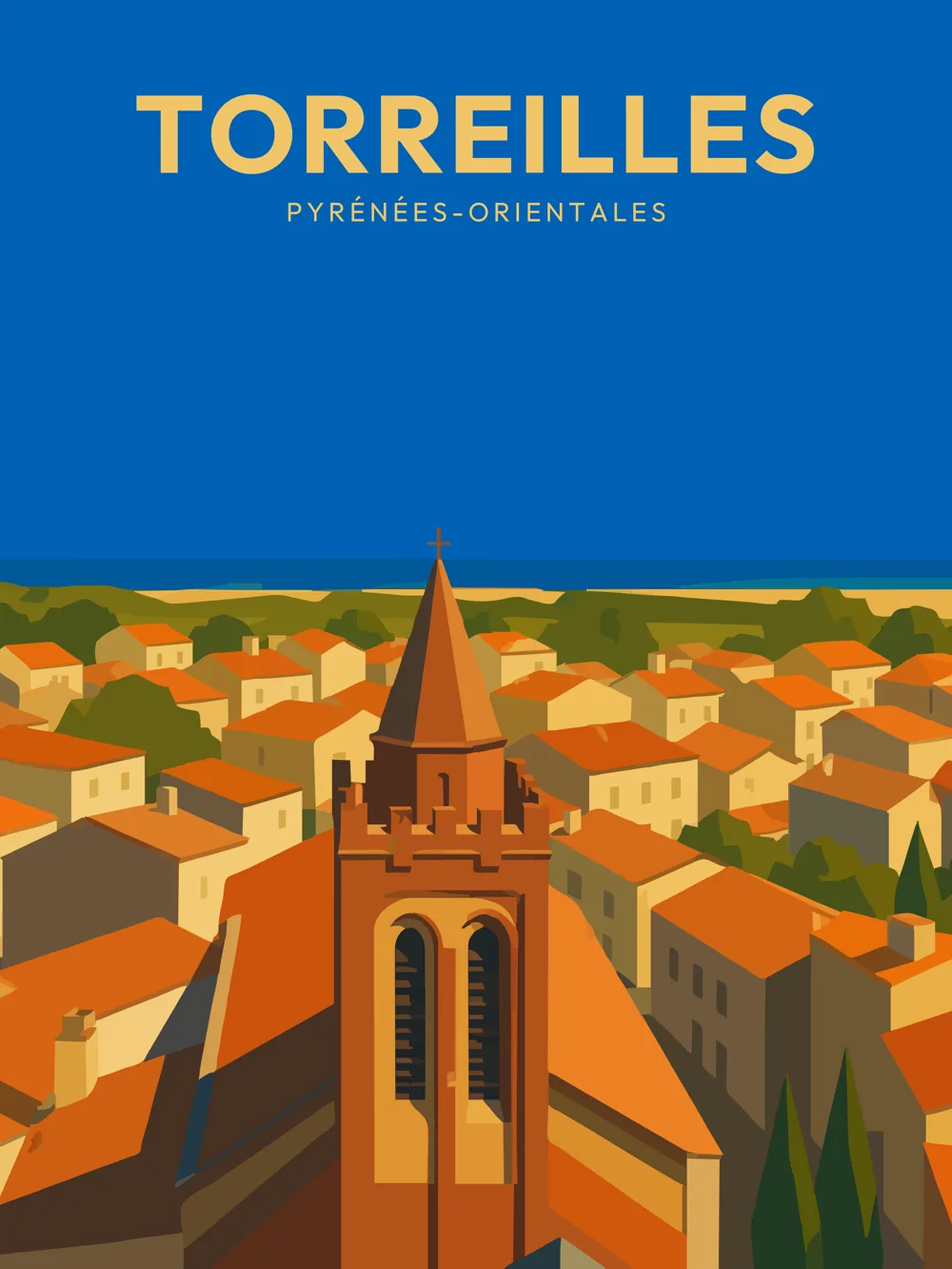 Illustration de Torreilles dans les Pyrénées-Orientales réalisée dans un style d'affiche touristique vintage. L'image représente le village ancien dominé par le clocher en briques rouges de l'église Saint-Julien-et-Sainte-Baselisse, emblème du patrimoine catalan, avec les toits du village s'étendant jusqu'au littoral méditerranéen.