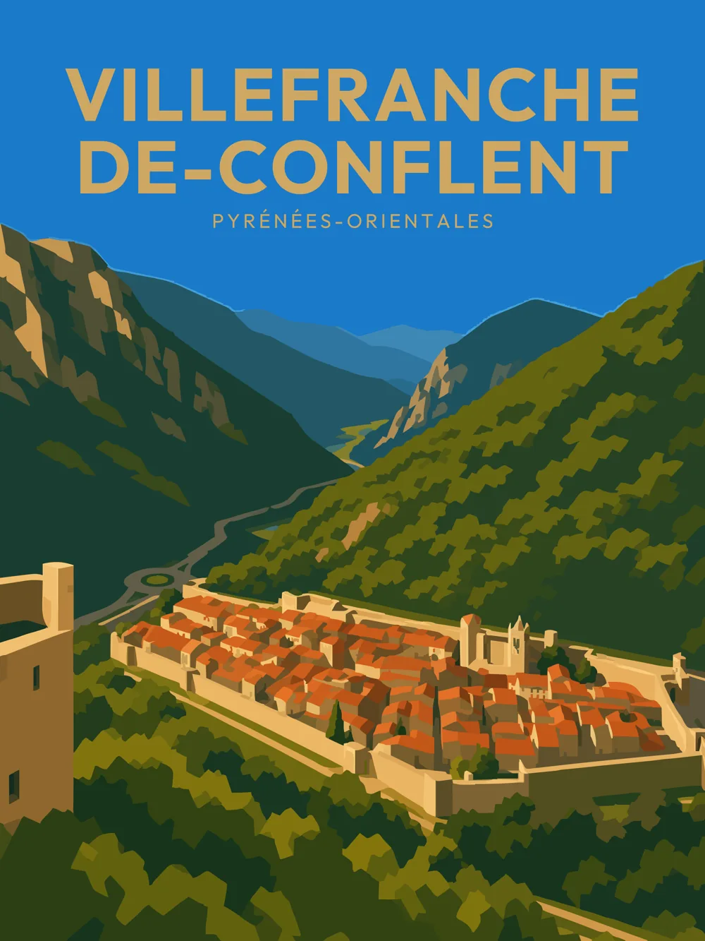 Illustration de Villefranche-de-Conflent, dans le département des Pyrénées-Orientales, réalisée dans un style d'affiche touristique vintage. L'image présente un paysage montagneux avec des collines verdoyantes entourant la ville fortifiée. Les remparts visibles se dressent au premier plan, tandis qu'en arrière-plan, la vallée s'étend sous un ciel bleu. Le style graphique est épuré, avec des aplats de couleurs vives et des formes simplifiées. Villefranche-de-Conflent est remarquable pour son patrimoine historique et ses paysages enchanteurs, témoignant de l'architecture médiévale et de la beauté naturelle des Pyrénées-Orientales.