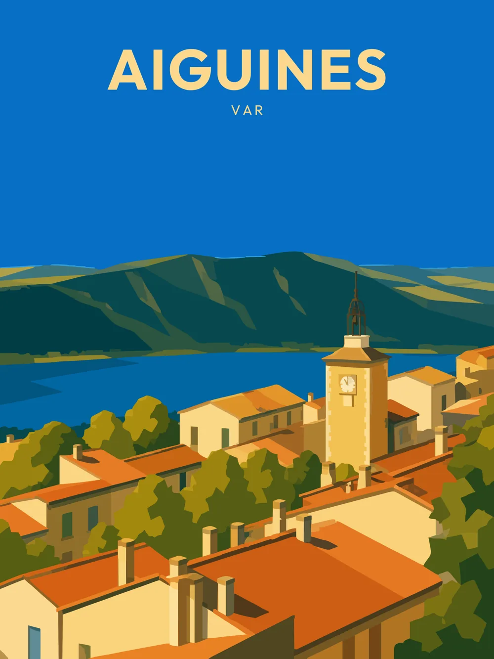 Illustration de Aiguines, dans le département de Var, réalisée dans un style d'affiche touristique vintage. L'image présente un panorama de la commune avec son clocher au premier plan, entouré de maisons aux toits rouges et d'une végétation verdoyante. En arrière-plan, les collines se dessinent sous un ciel bleu éclatant, évoquant une lumière chaleureuse typique de la Provence. Aiguines est remarquable pour sa proximité avec le lac de Sainte-Croix et son patrimoine architectural. Le patrimoine local, entre nature et histoire, fait de cette commune un lieu d'exception.