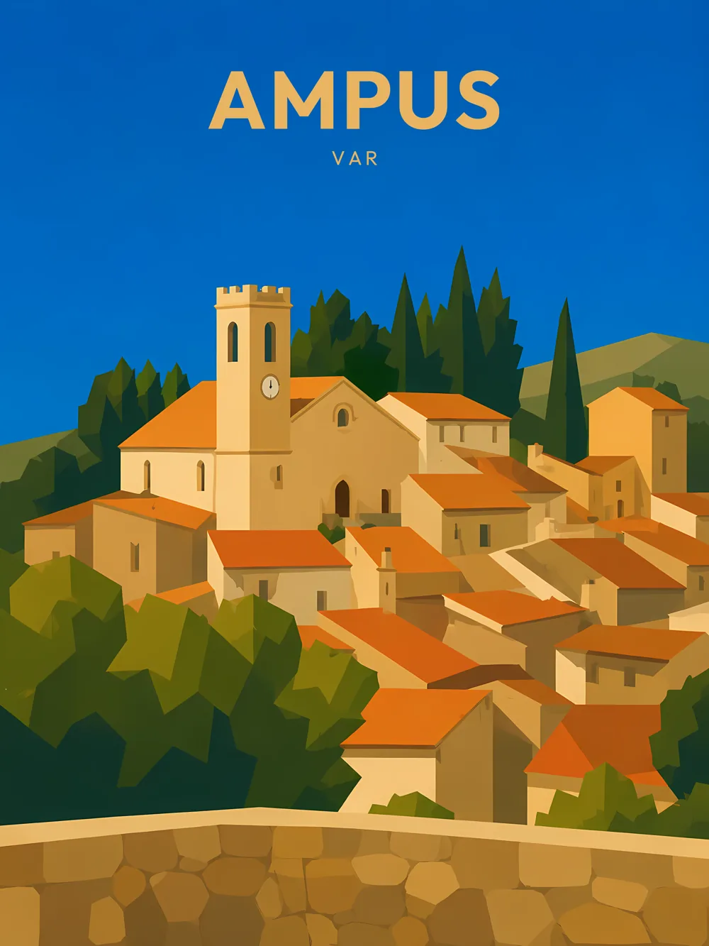 Illustration d'Ampus, dans le département du Var, réalisée dans un style d'affiche touristique vintage. On y voit le village d'Ampus, avec ses maisons aux teintes dorées et toits en tuiles rouges, surplombé par un clocher d'église. La végétation environnante est luxuriante, avec des arbres verts soulignant le relief des collines. Les couleurs chaudes et la lumière méditerranéenne apportent une atmosphère accueillante. Ampus est remarquable pour son patrimoine architectural et son ambiance paisible, faisant de ce village une destination prisée en Provence.