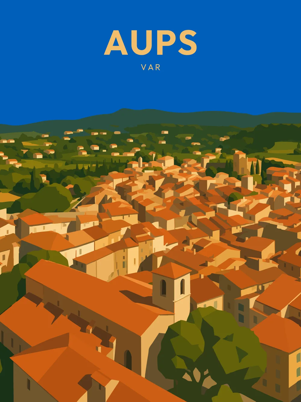 Illustration de Aups, dans le département de Var, réalisée dans un style d'affiche touristique vintage. La composition offre une vue aérienne sur les toits orange des bâtiments, avec un ciel bleu éclatant en arrière-plan. Les formes géométriques simplifiées et les aplats de couleurs créent une ambiance chaleureuse. Aups, connue pour son patrimoine et son ambiance provençale, est un lieu idéal pour découvrir les traditions locales et profiter de la beauté des paysages environnants.