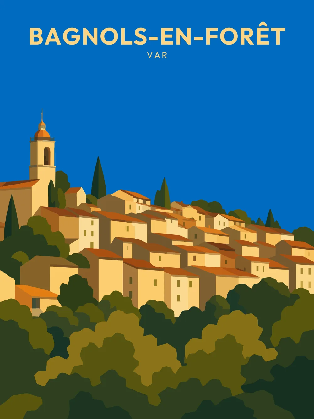 Illustration de Bagnols-en-Forêt, dans le département du Var, réalisée dans un style d'affiche touristique vintage. La composition présente le village perché sur une colline, avec des maisons aux façades dorées et une végétation dense en premier plan. Le point de vue met en valeur l'architecture traditionnelle provençale, tandis que le ciel bleu intense apporte une luminosité agréable à l'ensemble. Bagnols-en-Forêt est remarquable par son environnement naturel et son patrimoine architectural, valorisant ainsi le charme de la Provence.