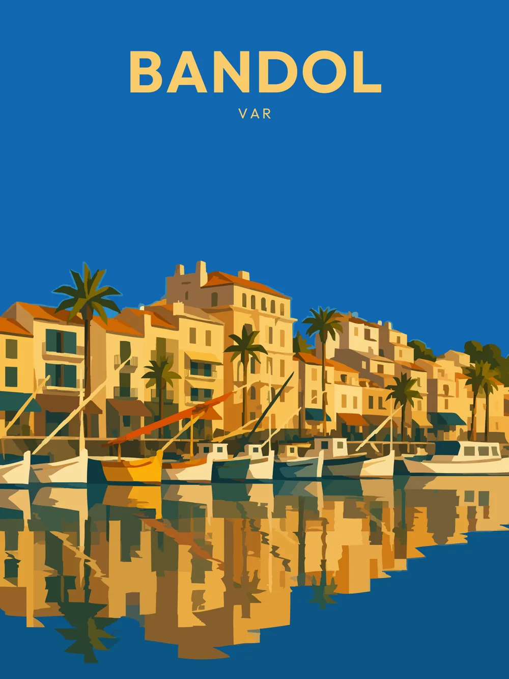 Illustration de Bandol, dans le département du Var, réalisée dans un style d'affiche touristique vintage. On y voit le port de Bandol avec ses bateaux amarrés au premier plan et les façades ensoleillées des bâtiments en arrière-plan, reflétant dans l'eau calme. Le ciel d'un bleu profond contraste avec les teintes dorées et crème des maisons, tandis que des palmiers ajoutent une touche tropicale à la scène. Bandol est remarquable pour sa beauté naturelle et son ambiance méditerranéenne. Le patrimoine local, riche en histoire maritime, est mis en valeur par cette illustration.
