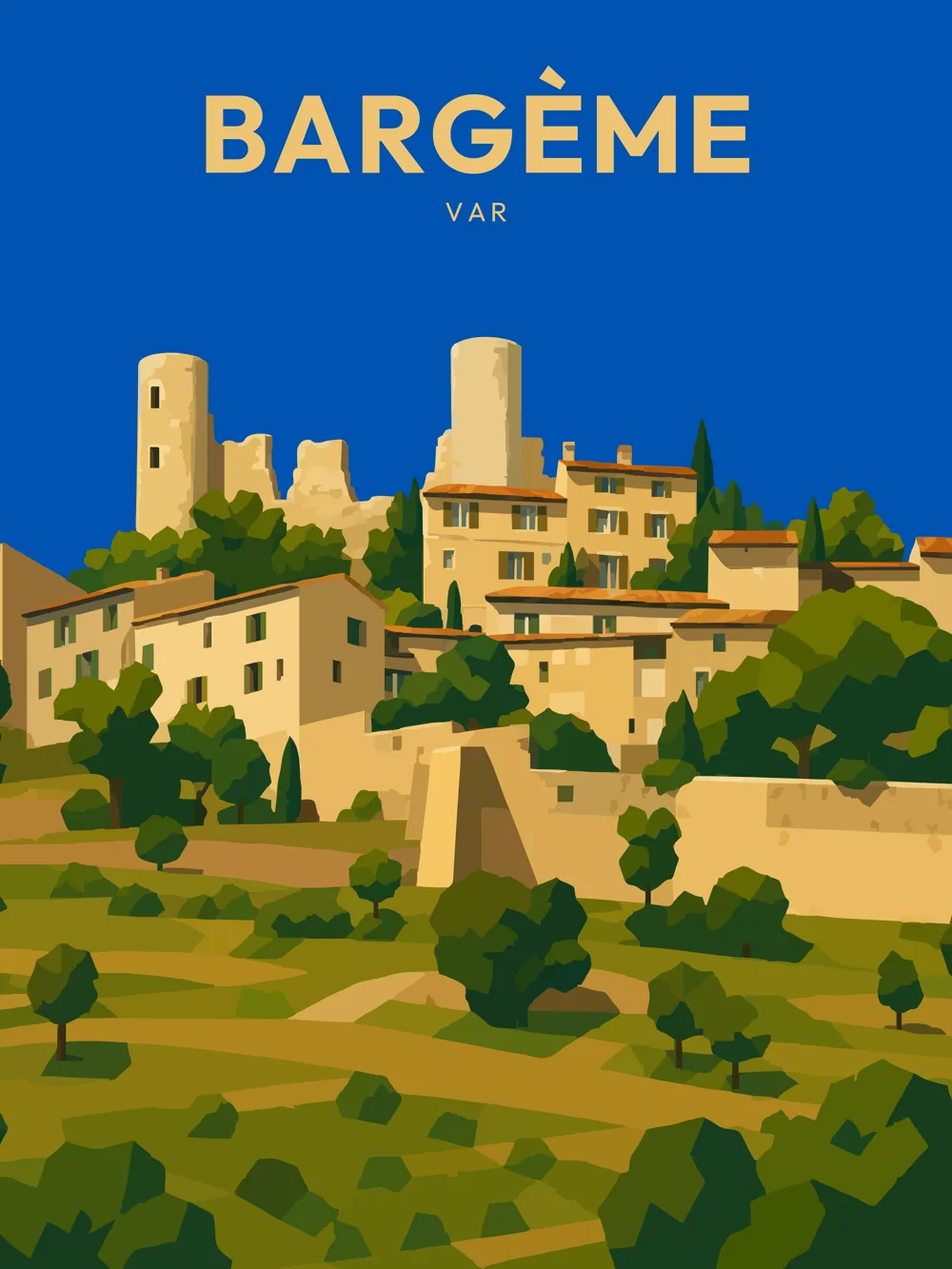 Illustration de Bargème, dans le département de Var, réalisée dans un style d'affiche touristique vintage. Cette composition met en avant le village perché, avec ses maisons aux façades claires et des vestiges de tours médiévales, entouré de végétation luxuriante et de collines. Le ciel bleu profond crée un contraste fort avec les couleurs douces du bâti et les formes simplifiées. Bargème est remarquable pour son patrimoine médiéval et ses paysages pittoresques. La beauté de ce village en fait un lieu d'intérêt incontournable pour les visiteurs de la région.