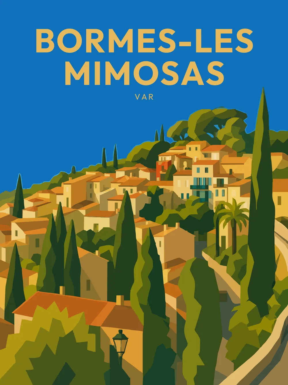 Illustration de Bormes-les-Mimosas, dans le département de Var, réalisée dans un style d'affiche touristique vintage. L'image met en avant un panorama de la commune, avec des maisons aux teintes pastel groupées sur les collines verdoyantes, dominées par des cyprès élancés. Le ciel bleu éclatant et la lumière vive apportent une atmosphère chaleureuse, tandis que les formes géométriques simplifiées rappellent le style rétro des années 1950. Bormes-les-Mimosas est remarquable pour son ambiance méditerranéenne et son patrimoine architectural. La commune offre un cadre idéal pour découvrir la beauté de la Côte d'Azur.