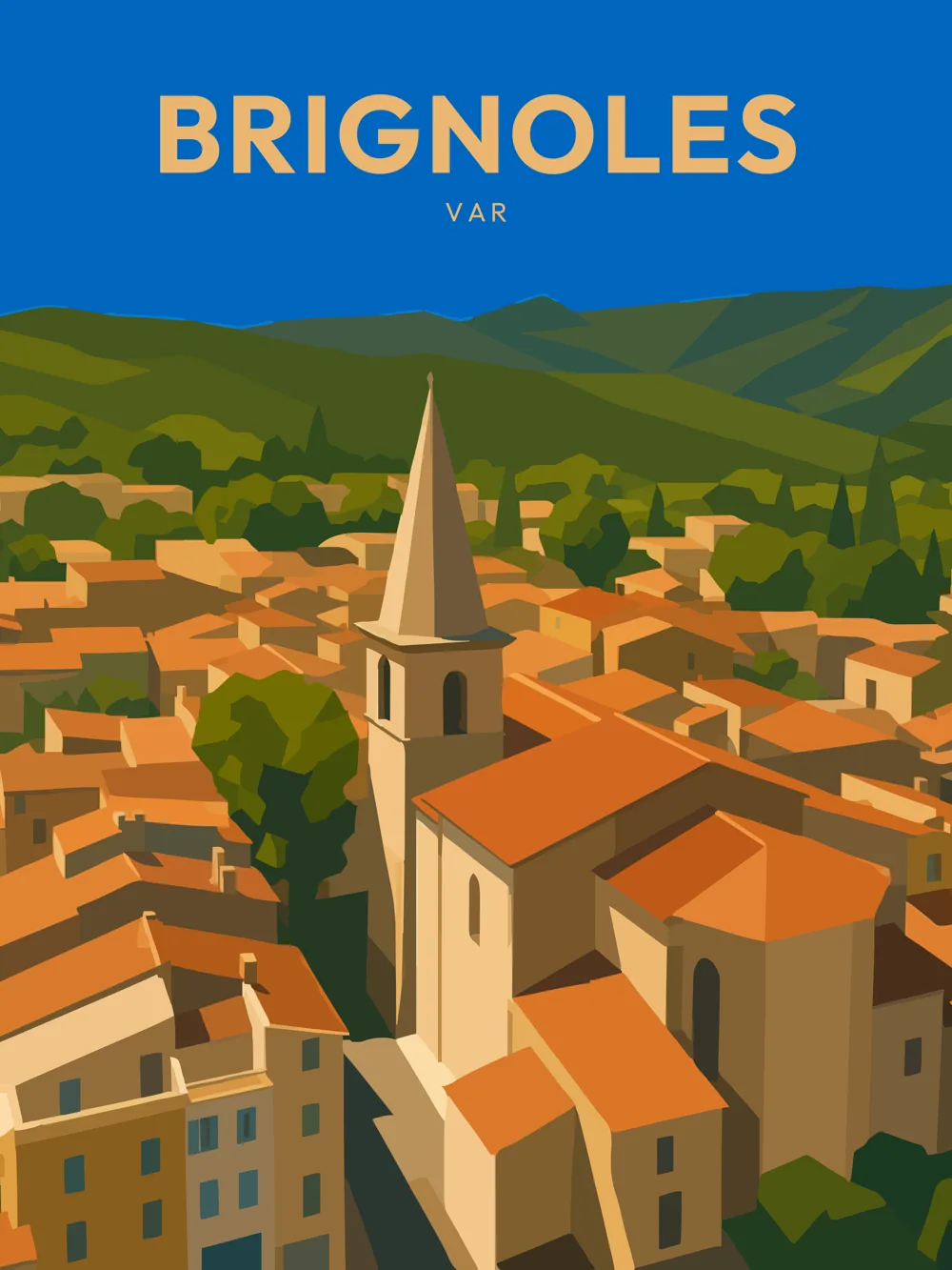Illustration de Brignoles, dans le département de Var, réalisée dans un style d'affiche touristique vintage. On y voit l'église de Brignoles avec son clocher pointu, entourée de maisons aux toits en tuiles orangées, créant un paysage urbain harmonieux. Les collines verdoyantes en arrière-plan ajoutent une dimension naturelle à la composition. Les couleurs chaudes et le ciel bleu intense donnent une atmosphère ensoleillée et accueillante. Brignoles est réputée pour son riche patrimoine historique et son ambiance provençale. La commune est un véritable symbole de la douceur de vivre en Provence.