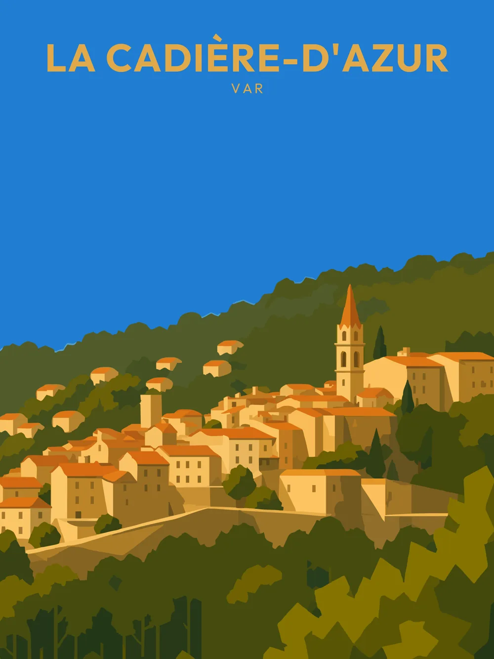 Illustration de La Cadière-d'Azur, dans le département de Var, réalisée dans un style d'affiche touristique vintage. La composition présente un village perché avec des maisons aux couleurs chaudes, entourées de verdure, et un clocher qui émerge dans le paysage. Le ciel bleu renforce l'atmosphère ensoleillée de la région. La Cadière-d'Azur est remarquable pour son patrimoine architectural et ses panoramas sur la Provence. Un véritable hommage à la beauté locale et à son histoire.