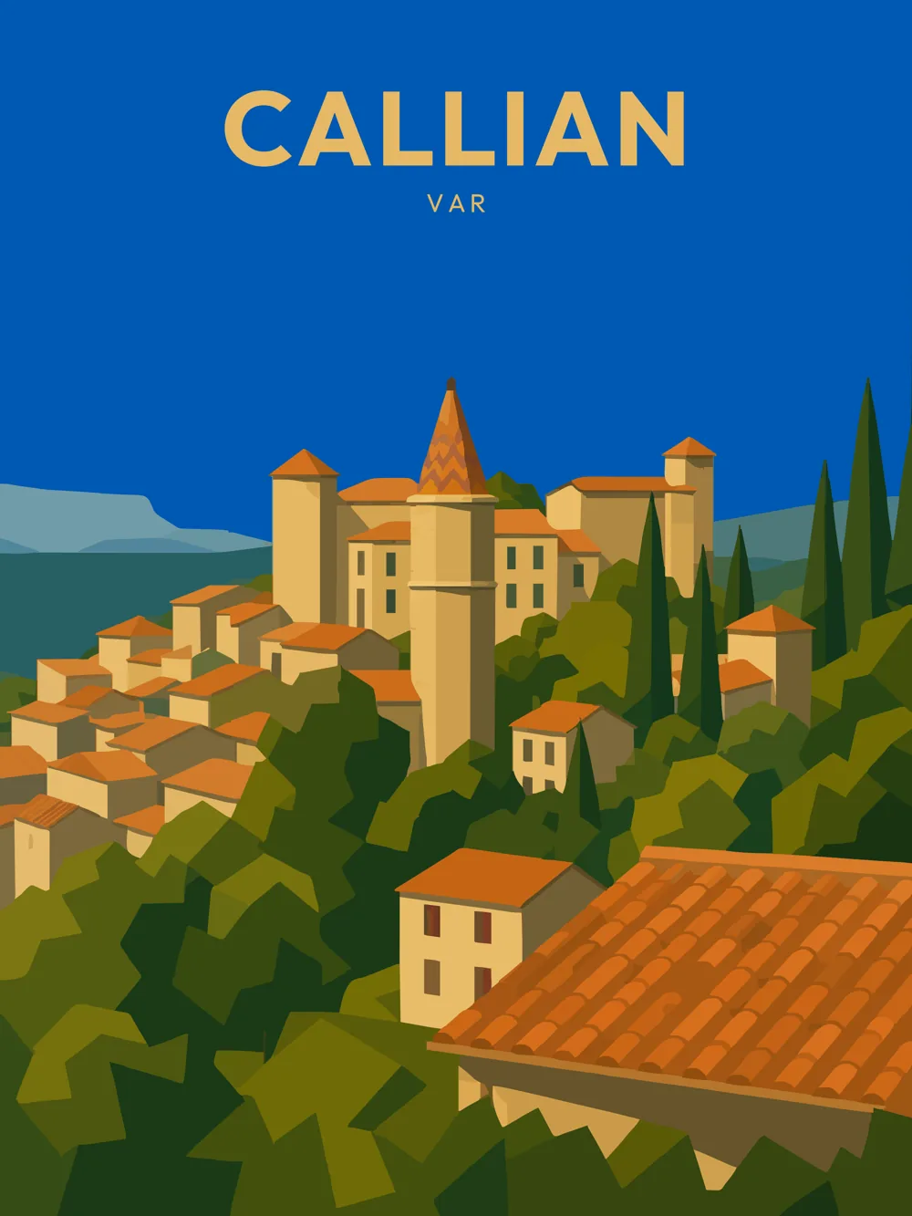 Illustration de Callian, dans le département de Var, réalisée dans un style d'affiche touristique vintage. Cette composition montre un village perché avec des bâtiments aux teintes chaudes et des toits en tuiles, entouré de verdure. En arrière-plan, le ciel bleu éclatant souligne la beauté de l'architecture typique de la région. Callian est remarquable pour son patrimoine médiéval et ses paysages enchanteurs, offrant une atmosphère apaisante et authentique. Le patrimoine local est ainsi valorisé par cette représentation artistique.