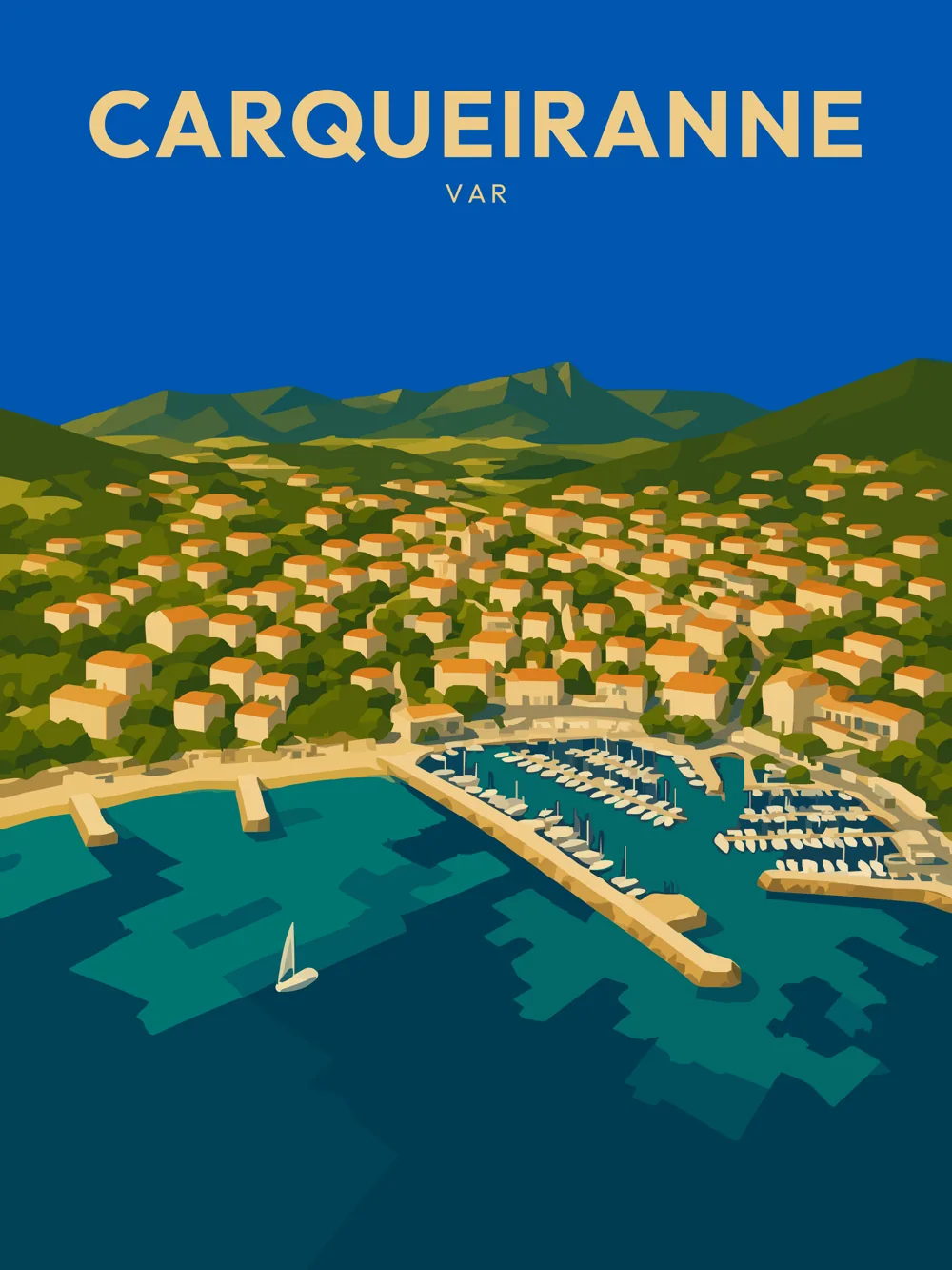 Illustration de Carqueiranne, dans le département du Var, réalisée dans un style d'affiche touristique vintage. Cette composition aérienne présente le port de plaisance de Carqueiranne, avec des voiliers amarrés et des quais animés, tandis que les maisons aux teintes chaleureuses se dispersent sur les collines verdoyantes. Le bleu intense de la mer contraste avec le vert des paysages environnants, créant une atmosphère méditerranéenne. Carqueiranne est réputée pour sa beauté naturelle et son ambiance paisible, faisant de cette commune un lieu de villégiature prisé. Son patrimoine maritime et son cadre idyllique en font une destination incontournable.
