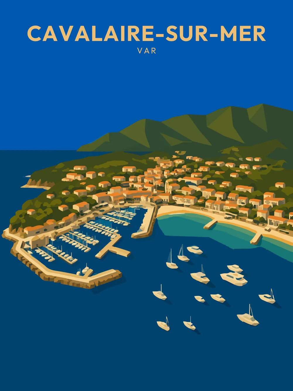 Illustration de Cavalaire-sur-Mer, dans le département du Var, réalisée dans un style d'affiche touristique vintage. Cette composition montre un aperçu aérien de la commune, mettant en avant son port avec des bateaux amarrés et des plages s'étendant le long de la côte. Les maisons colorées se fondent harmonieusement dans le paysage verdoyant des collines. Les couleurs dominantes sont des nuances de bleu, évoquant la mer, contrastées par des touches de vert et de beige. Cavalaire-sur-Mer est remarquable pour son ambiance estivale et ses activités nautiques. Le patrimoine local, entre mer et montagne, est à découvrir.