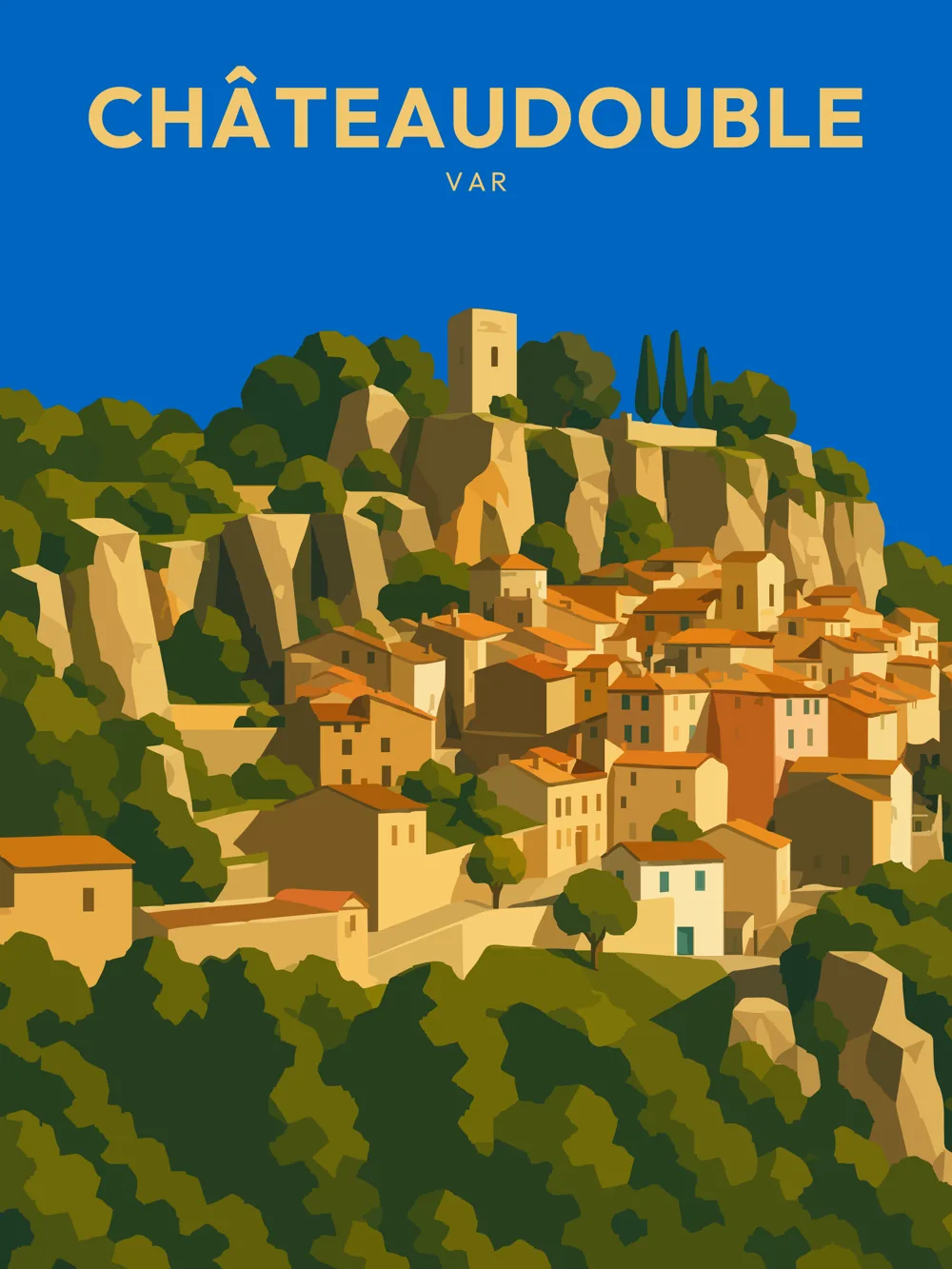 Illustration de Châteaudouble, dans le département de Var, réalisée dans un style d'affiche touristique vintage. L'image présente un paysage pittoresque avec des maisons aux couleurs chaudes, blotties contre des falaises verdoyantes. Au sommet, une tour se dresse, ajoutant un élément d'intérêt architectural. Le ciel bleu éclatant met en valeur la lumière méditerranéenne, tandis que la composition épurée et les formes géométriques simplifiées renforcent le style rétro. Châteaudouble est remarquable pour son charme authentique et son cadre naturel préservé, faisant de cette commune un véritable atout du patrimoine local.