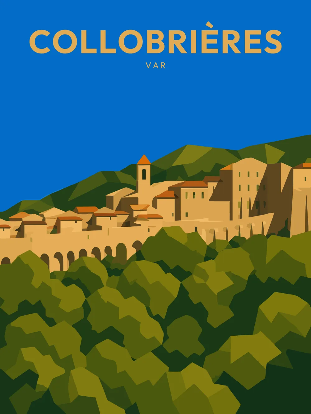 Illustration de Collobrières, dans le département de Var, réalisée dans un style d'affiche touristique vintage. L'image présente le village de Collobrières, avec son architecture historique et ses maisons aux teintes chaudes, surplombé par des collines verdoyantes. Le ciel bleu vif contraste avec les couleurs terreuses des bâtiments, créant une atmosphère ensoleillée et accueillante. Collobrières est connue pour sa riche histoire et son cadre naturel préservé, offrant un patrimoine remarquable à explorer.