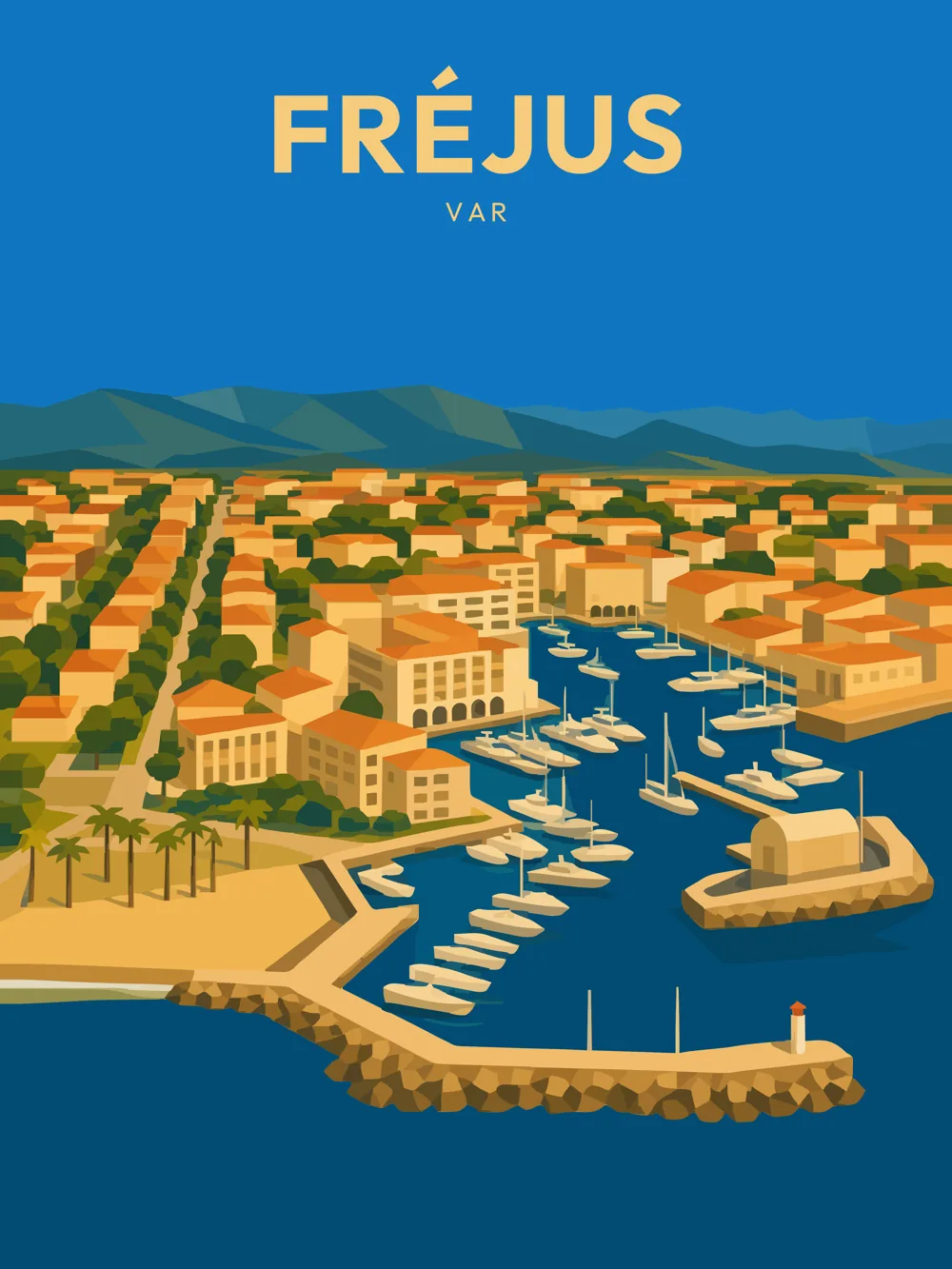 Illustration de Fréjus, dans le département du Var, réalisée dans un style d'affiche touristique vintage. La composition montre une vue aérienne du port de plaisance de Fréjus, entouré de bâtiments aux teintes ocres et vertes, avec des bateaux amarrés dans le port. Les montagnes en arrière-plan ajoutent une touche de relief, tandis que le ciel bleu éclatant illumine l'ensemble de la scène. Fréjus est remarquable pour son patrimoine historique et ses paysages côtiers. Le patrimoine local, entre mer et culture, en fait une destination prisée.