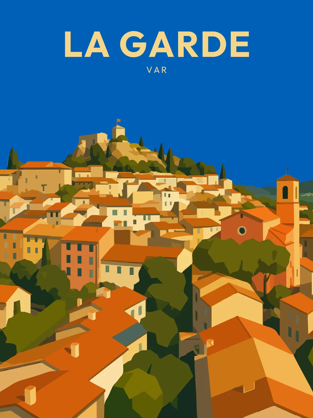 Illustration de La Garde, dans le département de Var, réalisée dans un style d'affiche touristique vintage. L'image présente une vue panoramique de La Garde, mettant en avant le village perché avec ses maisons aux toits orangés et le château dominant, le tout sous un ciel bleu éclatant. La végétation environnante et les formes géométriques simples apportent une touche rétro. La Garde est remarquable par son riche patrimoine historique et son ambiance provençale chaleureuse, valorisant ainsi le patrimoine local.
