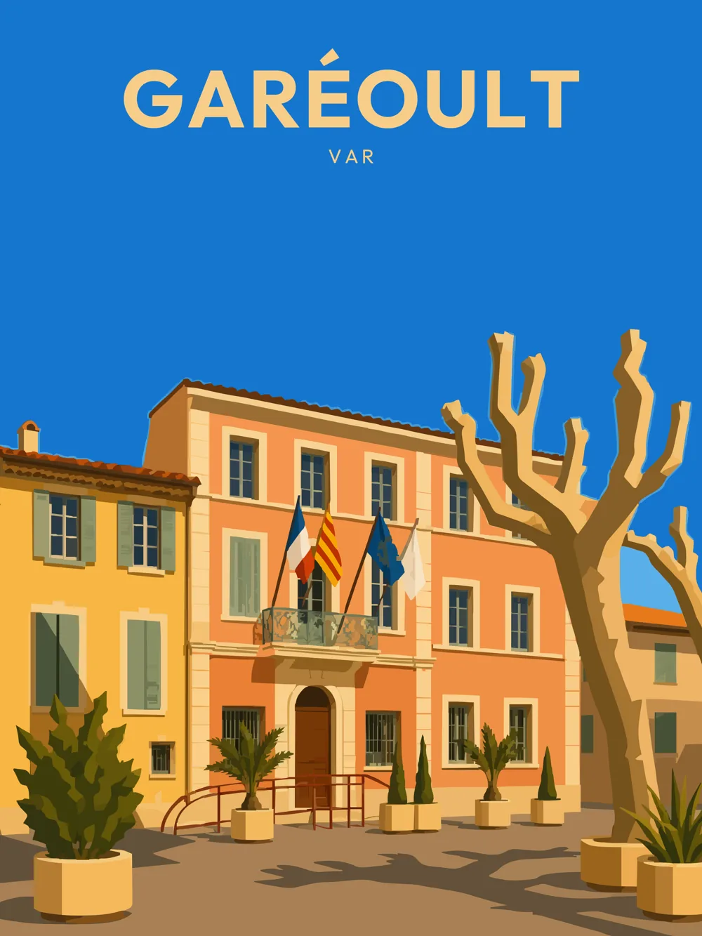 Illustration de Garéoult, dans le département du Var, réalisée dans un style d'affiche touristique vintage. La composition met en avant l'hôtel de ville aux façades colorées, flanqué de plantes et d'arbres sur une place ensoleillée. Le ciel bleu vif souligne la beauté architecturale de ce bâtiment emblématique. Garéoult est connue pour son ambiance paisible et son patrimoine riche, offrant aux visiteurs une expérience authentique en Provence-Alpes-Côte d'Azur. Le charme de cette commune est à découvrir à travers ses ruelles et ses places animées.