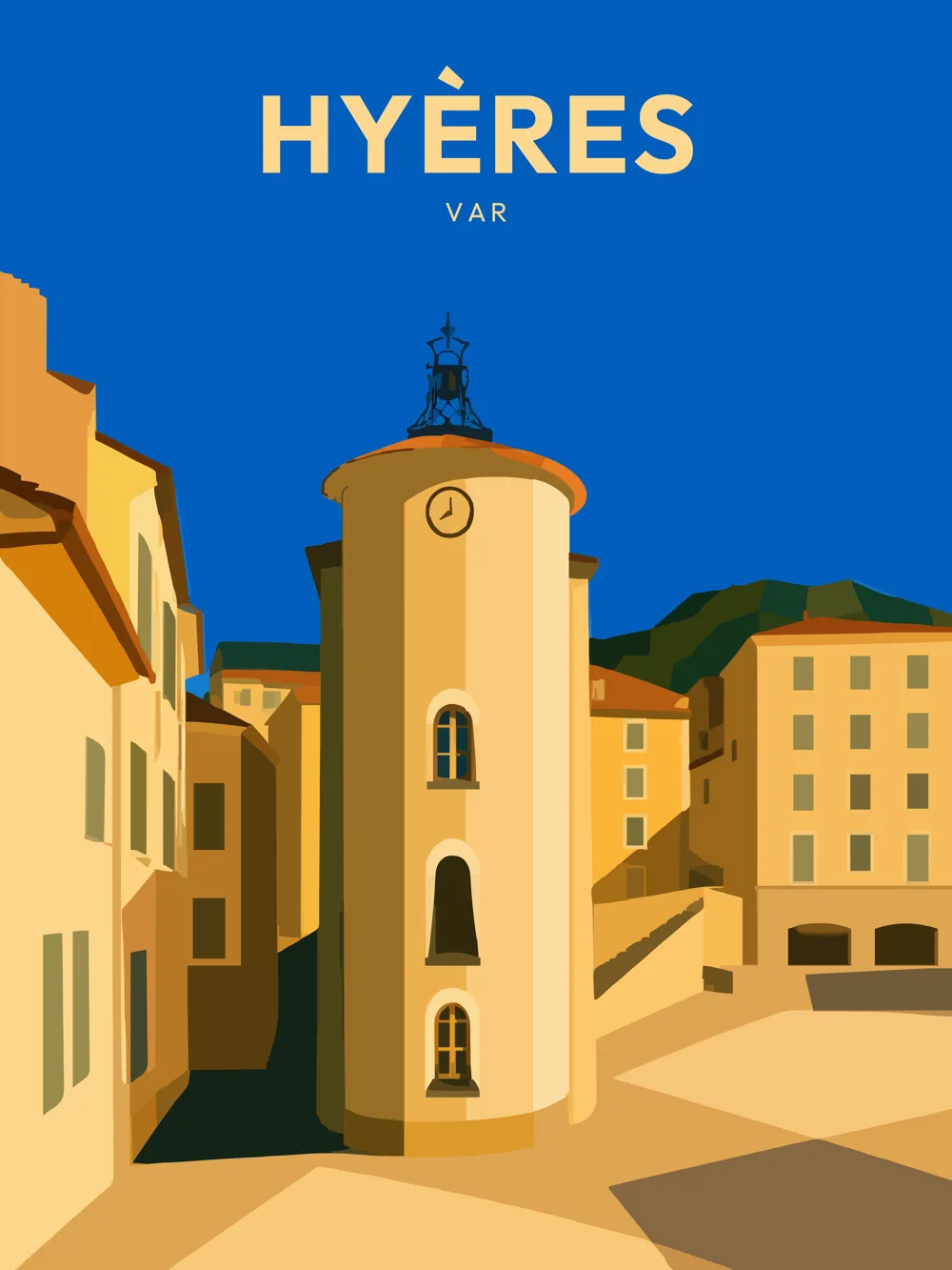 Illustration de Hyères, dans le département du Var, réalisée dans un style d'affiche touristique vintage. La composition met en avant la tour médiévale, avec son horloge, entourée de bâtiments aux façades claires et géométriques. Le fond bleu vif contraste avec les couleurs chaudes des murs, créant une atmosphère lumineuse. Hyères est remarquable pour son patrimoine historique et ses paysages ensoleillés. Le patrimoine local, comprenant des éléments architecturaux uniques, est à découvrir au fil des ruelles de la ville.