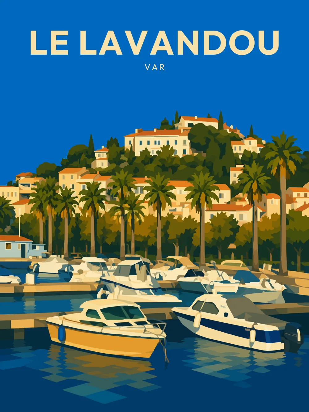 Illustration de Le Lavandou, dans le département de Var, réalisée dans un style d'affiche touristique vintage. L'image représente le port animé avec plusieurs bateaux amarrés, tandis qu'en arrière-plan, des maisons blanches sont posées sur une colline verdoyante. La lumière éclatante et les couleurs chaudes créent une atmosphère estivale. Le Lavandou est réputé pour ses plages et son ambiance ensoleillée, attirant de nombreux touristes. Son patrimoine maritime et naturel en fait une destination de choix sur la Côte d'Azur.