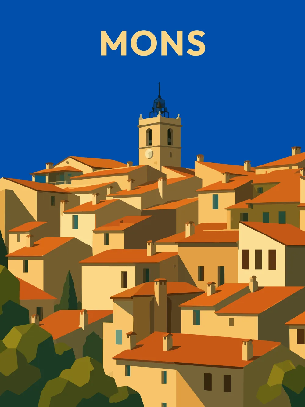 Illustration de Mons, dans le département de Var, réalisée dans un style d'affiche touristique vintage. On y voit des maisons aux façades jaunes et toits en tuiles terracotta, s'élevant sur une colline, sous un ciel bleu éclatant. La composition met en valeur les détails architecturaux et les couleurs chaudes, avec une lumière vive qui accentue le relief des bâtiments. Mons est remarquable pour son ambiance provençale et ses paysages pittoresques. Le patrimoine local, riche et authentique, attire de nombreux visiteurs.