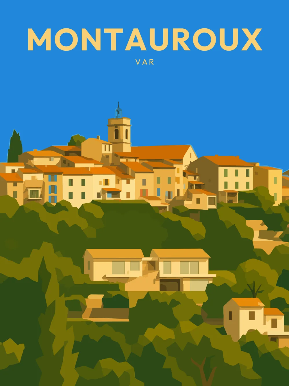 Illustration de Montauroux, dans le département de Var, réalisée dans un style d'affiche touristique vintage. Le visuel montre le village perché avec ses maisons colorées, un clocher au centre, entouré de verdure. Les couleurs chaudes et le ciel bleu créent une atmosphère accueillante. Montauroux est remarquable pour son patrimoine provençal et ses paysages pittoresques. Ce village offre une immersion dans l'authenticité et le charme de la région, valorisant son riche héritage local.