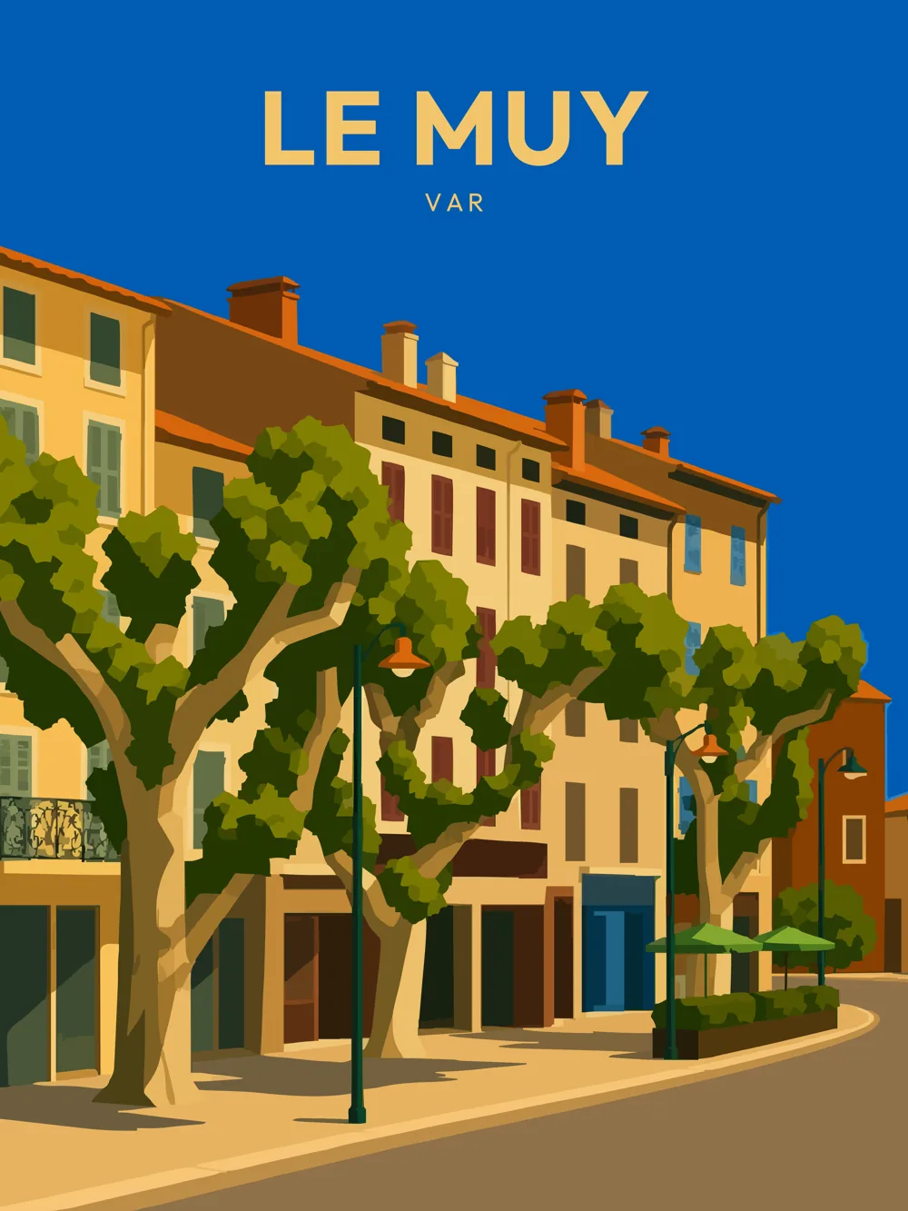 Illustration de Le Muy, dans le département de Var, réalisée dans un style d'affiche touristique vintage. L'image présente une rue animée avec des bâtiments aux façades colorées, bordée d'arbres verdoyants et de lampadaires. Le ciel est d'un bleu éclatant, créant un contraste saisissant avec les couleurs chaudes des bâtiments. Le style graphique rappelle les affiches des années 1950, avec des aplats de couleur et des formes géométriques simplifiées. Le Muy est remarquable pour son atmosphère provençale et ses charmantes ruelles, témoignant d'un riche patrimoine local.