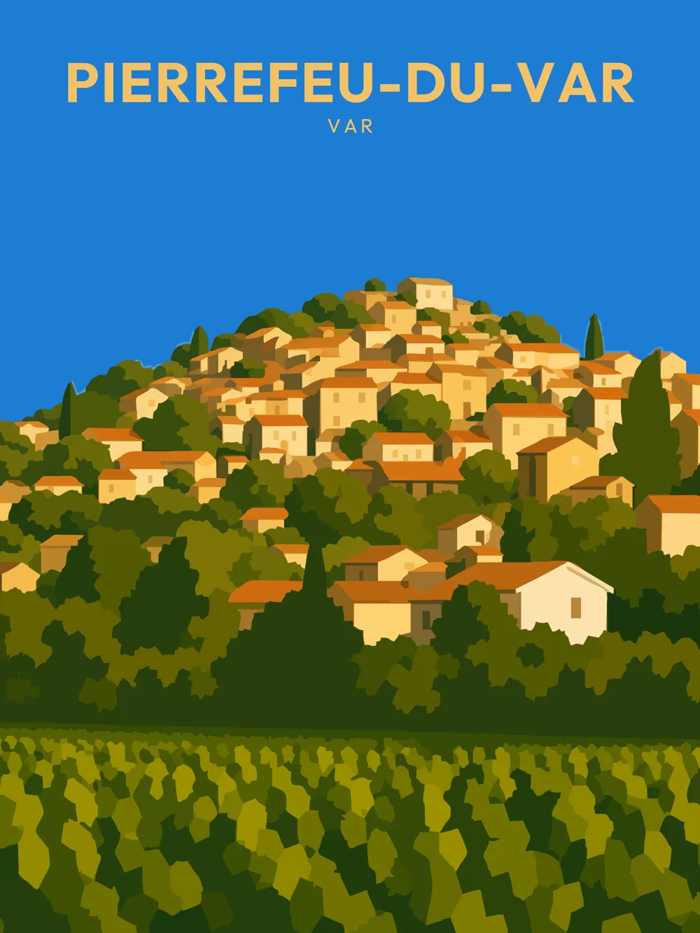 Illustration de Pierrefeu-du-Var, dans le département du Var, réalisée dans un style d'affiche touristique vintage. La composition met en avant un village perché sur une colline, avec des maisons aux teintes ocres et un paysage verdoyant. Les arbres et les vignes entourent le village, tandis qu'un ciel bleu vif apporte une luminosité éclatante. Cette commune est remarquable pour son ambiance chaleureuse et son patrimoine architectural ancré dans la tradition provençale. Le cadre naturel environnant valorise le patrimoine local.