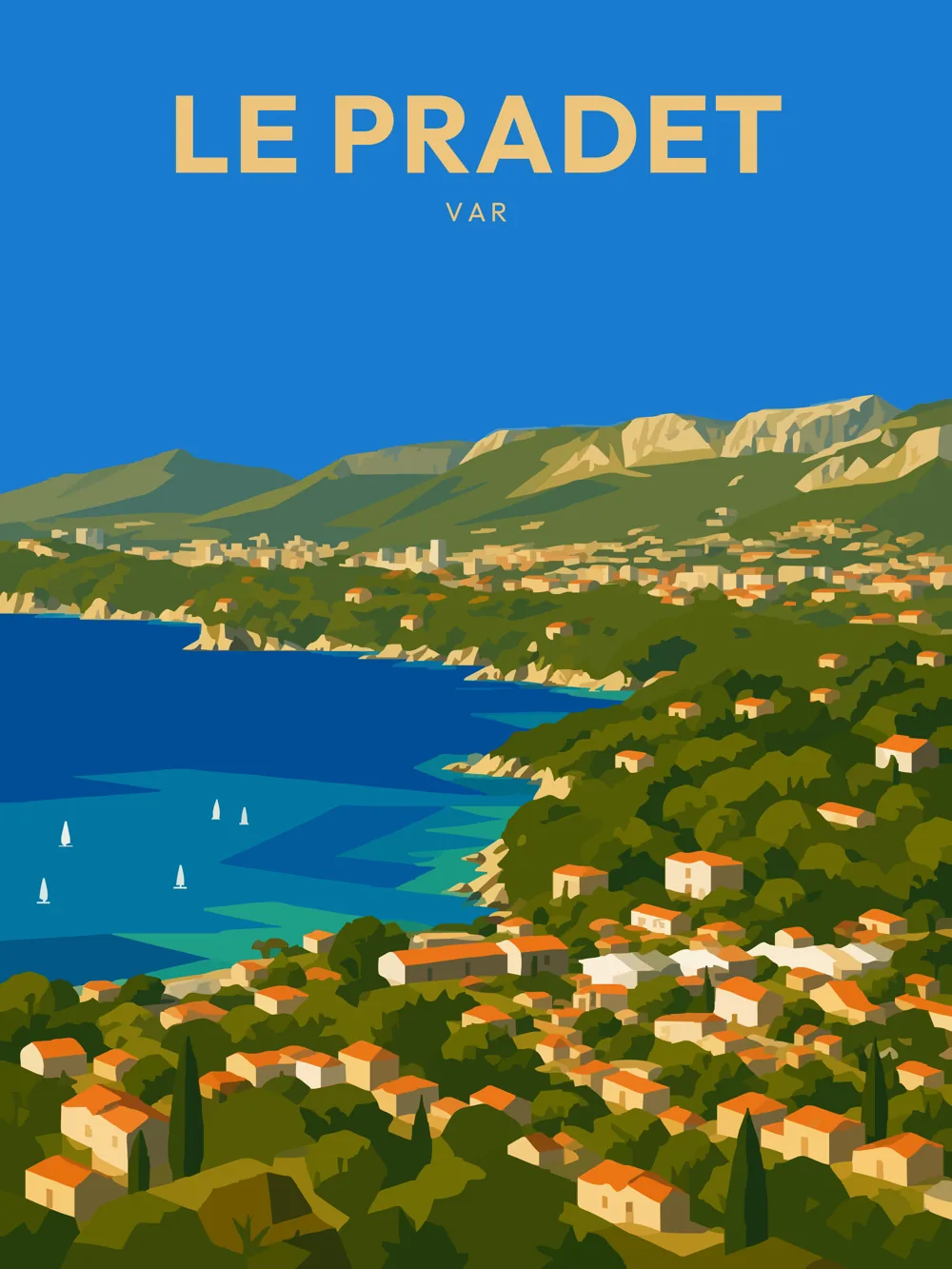 Illustration de Le Pradet, dans le département du Var, réalisée dans un style d'affiche touristique vintage. Cette composition panoramique présente le littoral du Pradet avec des collines verdoyantes en arrière-plan, où des maisons aux teintes chaudes s'éparpillent sur la pente. La mer d'un bleu profond est ornée de voiliers, tandis que le ciel azur illumine l'ensemble. Le style graphique, avec des aplats de couleurs et des formes géométriques, évoque les années 1950. Le Pradet est remarquable pour ses plages et ses paysages naturels, offrant une expérience authentique de la Provence-Alpes-Côte d'Azur.