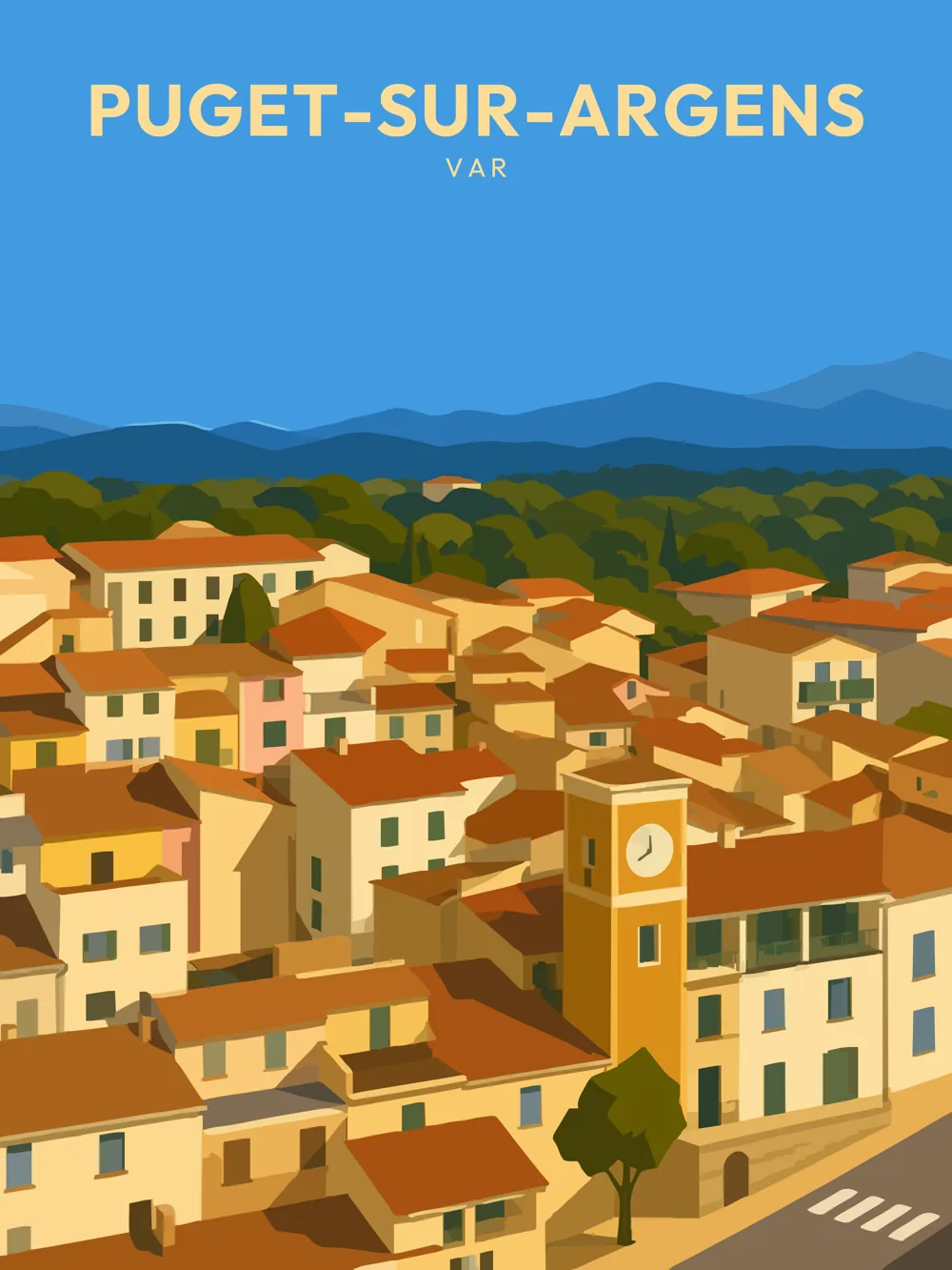 Illustration de Puget-sur-Argens, dans le département de Var, réalisée dans un style d'affiche touristique vintage. L'image offre une vue aérienne de la commune, mettant en avant ses maisons aux façades claires et toits en tuiles, le tout encadré par des collines verdoyantes sous un ciel bleu clair. Les formes géométriques et les aplats de couleurs renforcent l'aspect rétro de l'affiche. Puget-sur-Argens est remarquable pour son cadre naturel et son patrimoine architectural qui témoignent de l'authenticité de la Provence. Le patrimoine local est une invitation à explorer cette région.