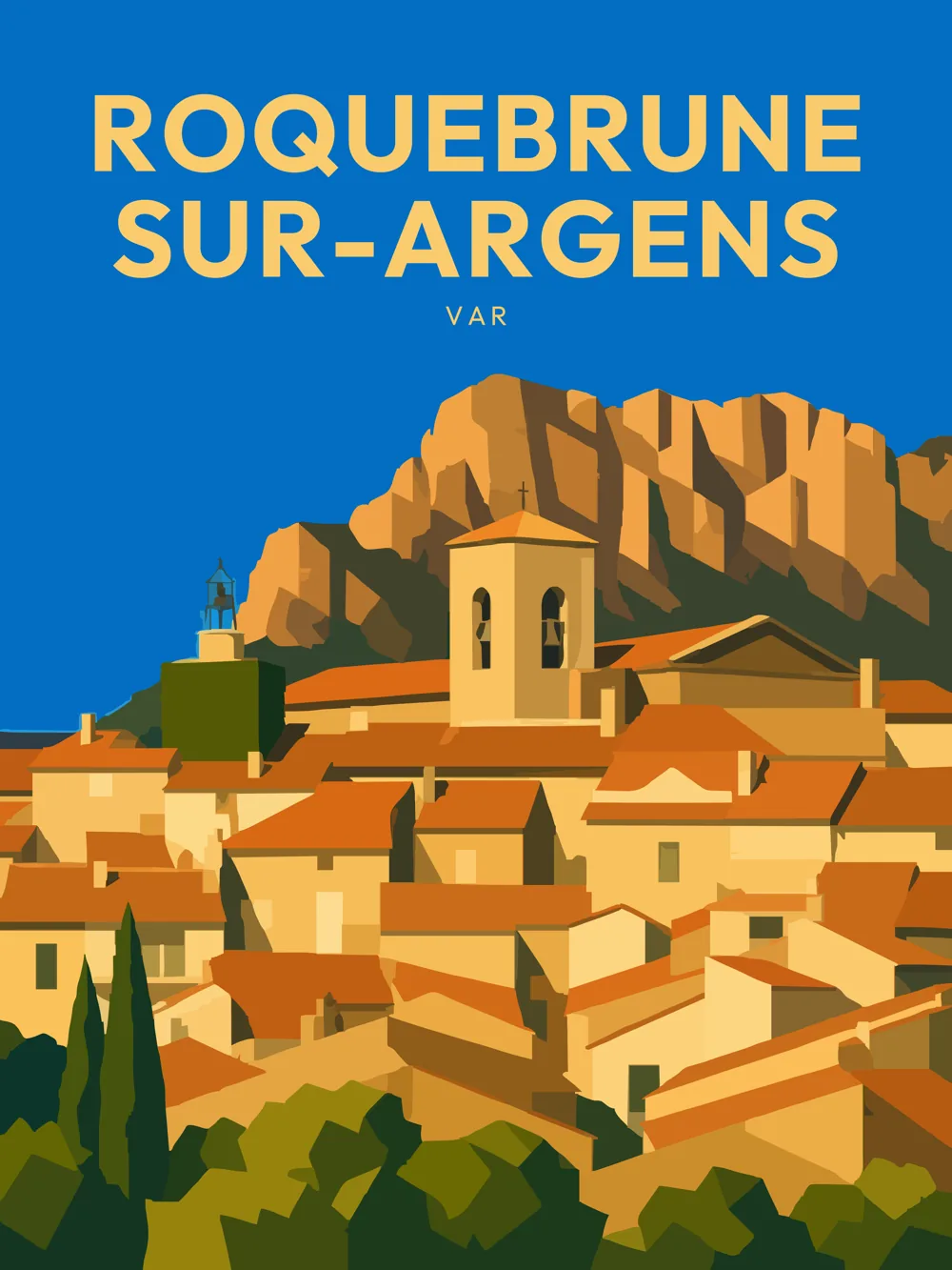 Illustration de Roquebrune-sur-Argens, dans le département de Var, réalisée dans un style d'affiche touristique vintage. La composition met en avant les maisons en pierre aux toits en tuiles, dominées par un clocher et entourées de collines. Les couleurs chaudes et le ciel bleu créent une atmosphère accueillante, tandis que les formes géométriques simplifiées renforcent le style rétro. Roquebrune-sur-Argens est célèbre pour son patrimoine historique et naturel, attirant les amateurs de culture et de paysages provençaux. Le village illustre parfaitement le charme du département du Var.