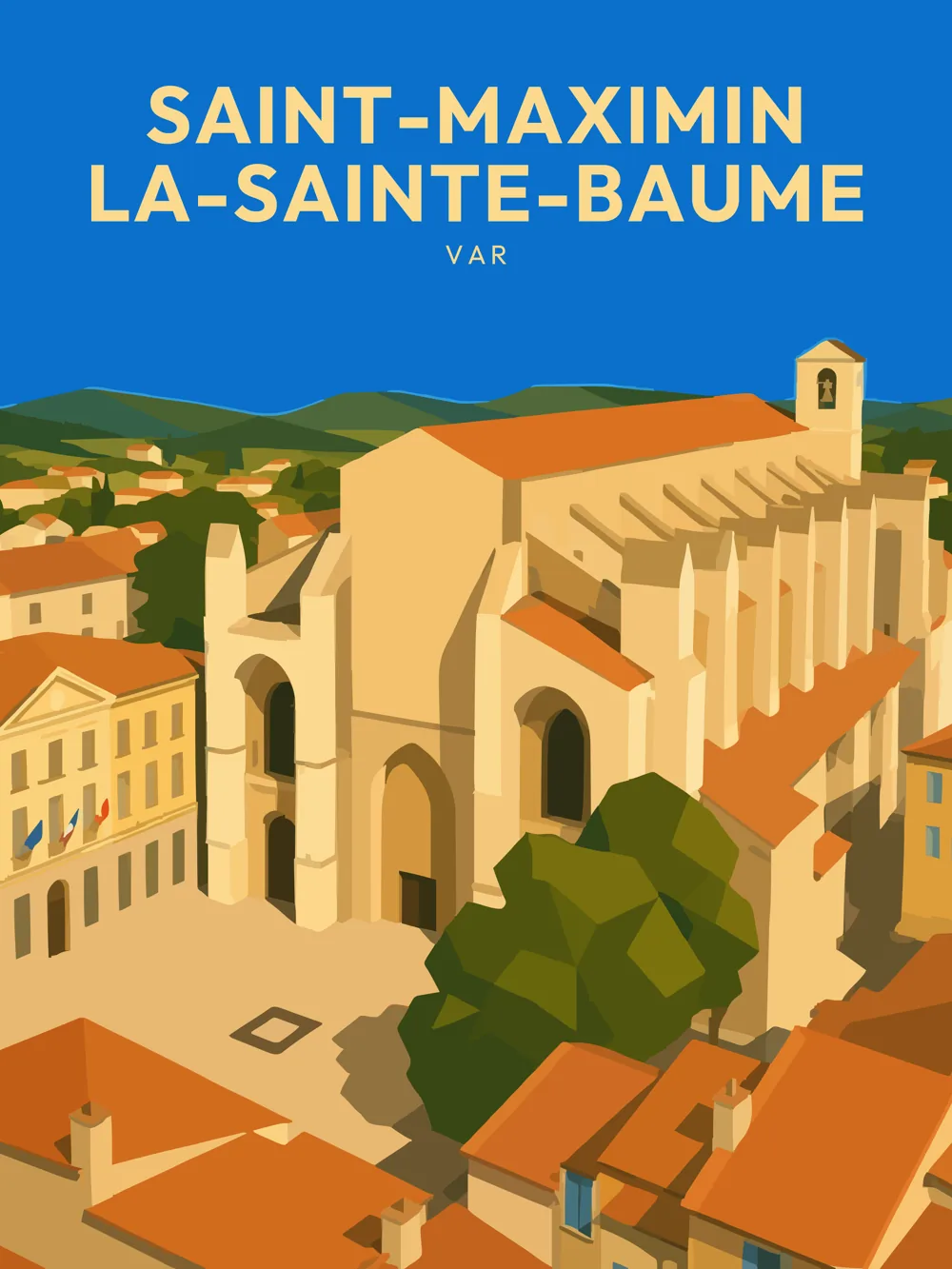 Illustration de Saint-Maximin-la-Sainte-Baume, dans le département de Var, réalisée dans un style d'affiche touristique vintage. L'image présente une vue plongeante sur l'abbaye, un bâtiment aux façades claires et imposantes, entouré de toits aux couleurs chaudes. En arrière-plan, on aperçoit des maisons et un ciel bleu vif, créant un contraste harmonieux. La composition est épurée, avec des formes géométriques et des aplats de couleurs qui évoquent le style rétro. Saint-Maximin-la-Sainte-Baume est remarquable pour son abbaye et son riche patrimoine. La commune est un véritable lieu de découverte pour les amateurs d'histoire et d'architecture.