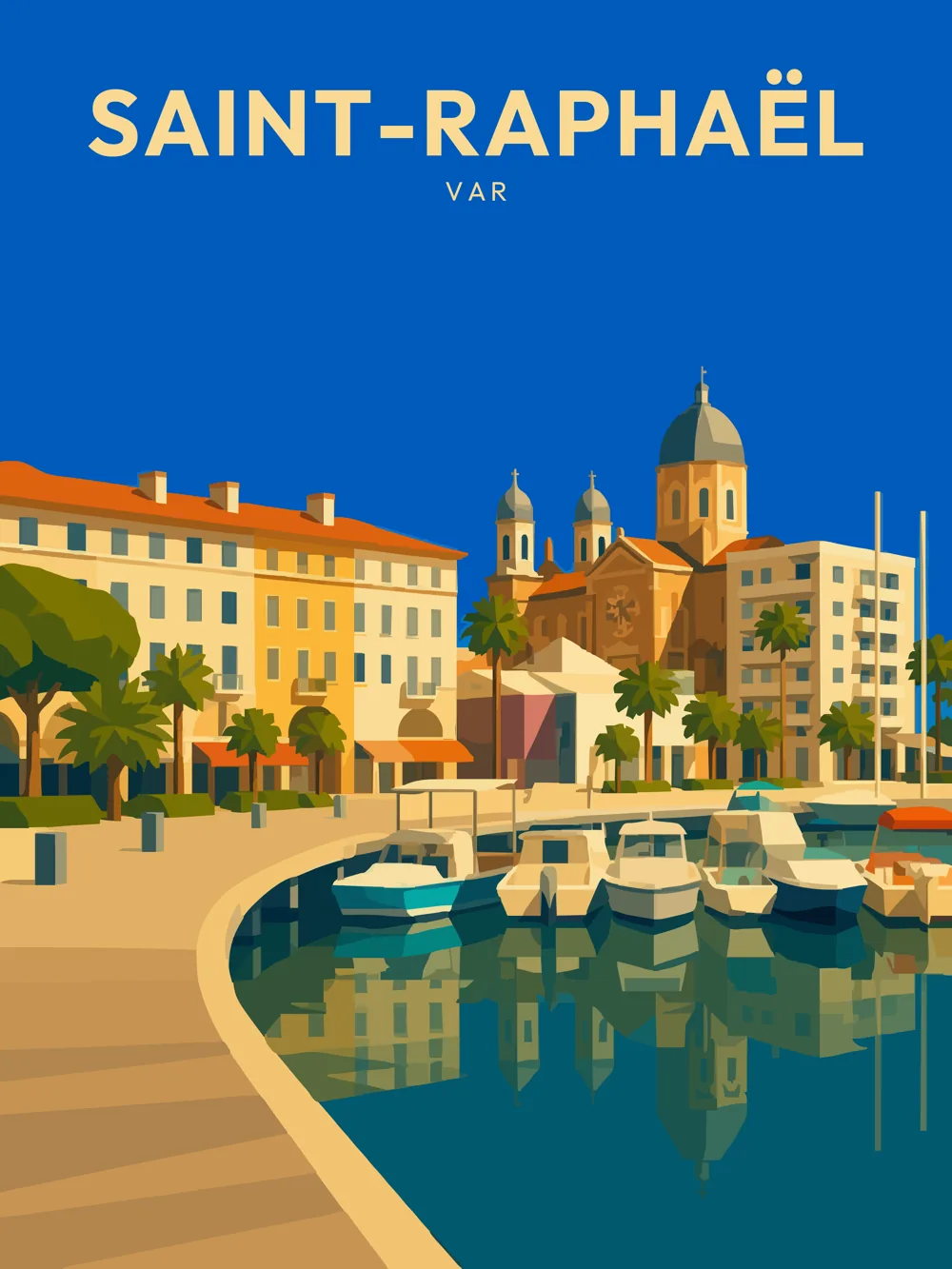 Illustration de Saint-Raphaël, dans le département du Var, réalisée dans un style d'affiche touristique vintage. L'image présente un port animé avec des bateaux amarrés au premier plan, tandis qu'en arrière-plan se dressent des bâtiments colorés et une église à coupole. La composition utilise des aplats de couleurs vives et des formes géométriques simplifiées, évoquant une atmosphère rétro. Saint-Raphaël est remarquable pour son cadre maritime et son riche patrimoine architectural. Cette commune offre un mélange unique de nature et d'histoire, faisant la fierté de la région Provence-Alpes-Côte d'Azur.