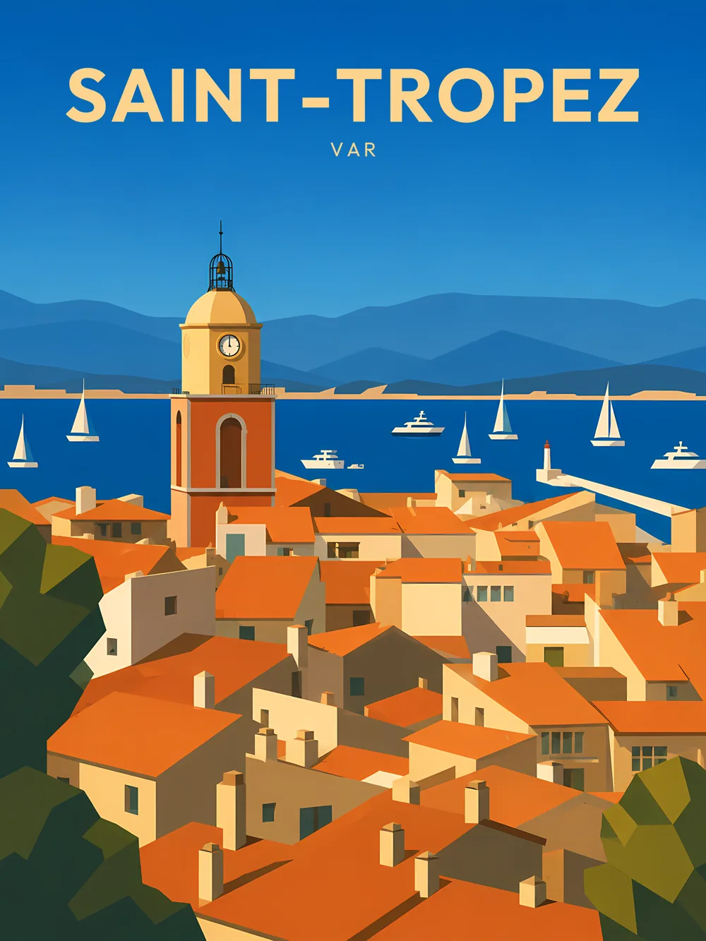 Illustration de Saint-Tropez, dans le département du Var, réalisée dans un style d'affiche touristique vintage. La composition met en avant le clocher au sommet des bâtiments aux toits en tuiles orangées, surplombant le port animé et ses voiliers. En arrière-plan, les collines et montagnes bleues ajoutent à la profondeur de la scène. La palette de couleurs chaudes et lumineuses, ainsi que les formes géométriques simplifiées, évoquent une ambiance estivale et méditerranéenne. Saint-Tropez est renommée pour son patrimoine maritime et son atmosphère glamour. Le patrimoine local est riche et attire de nombreux visiteurs chaque année.
